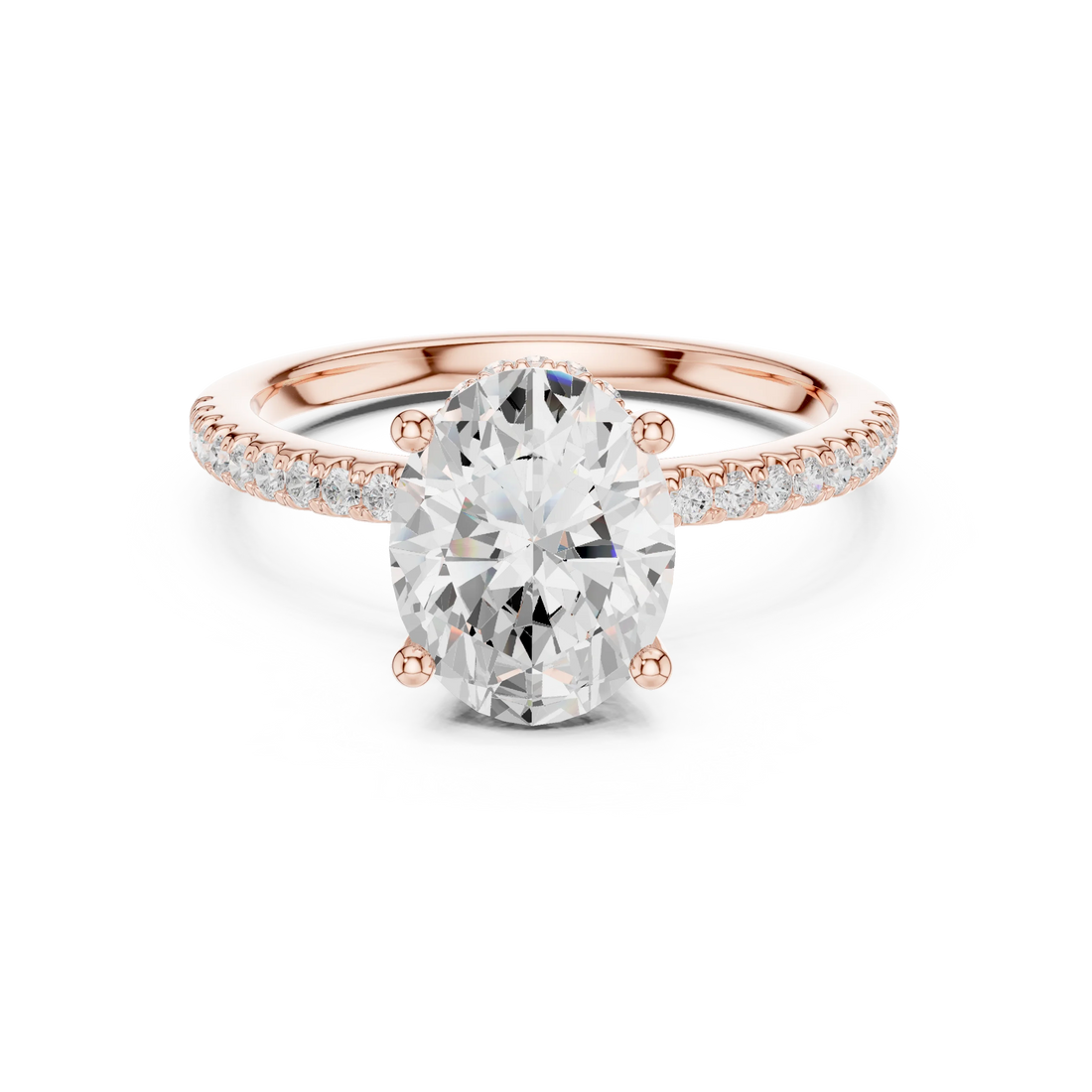 Rose gold oval cut solitaire ring with thin pave band and lab-grown diamond, modern delicate look