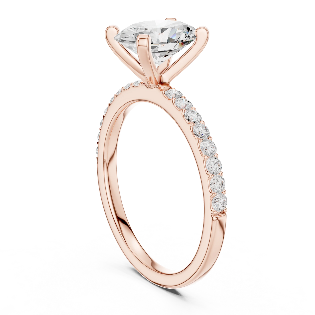 Back side view of rose gold oval solitaire ring showing thin pavé band and setting details