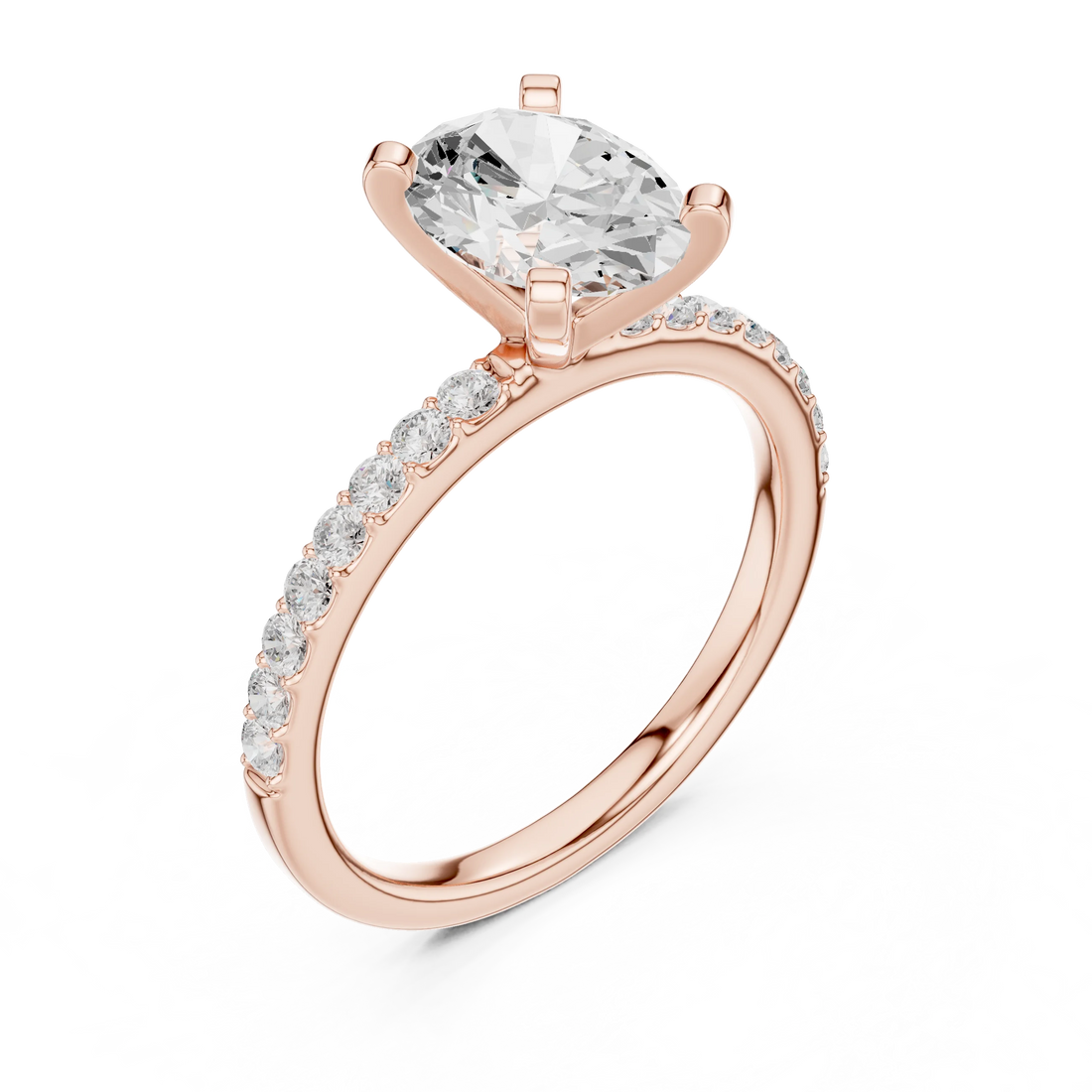 Front view of rose gold oval solitaire ring with thin pavé band and center diamond