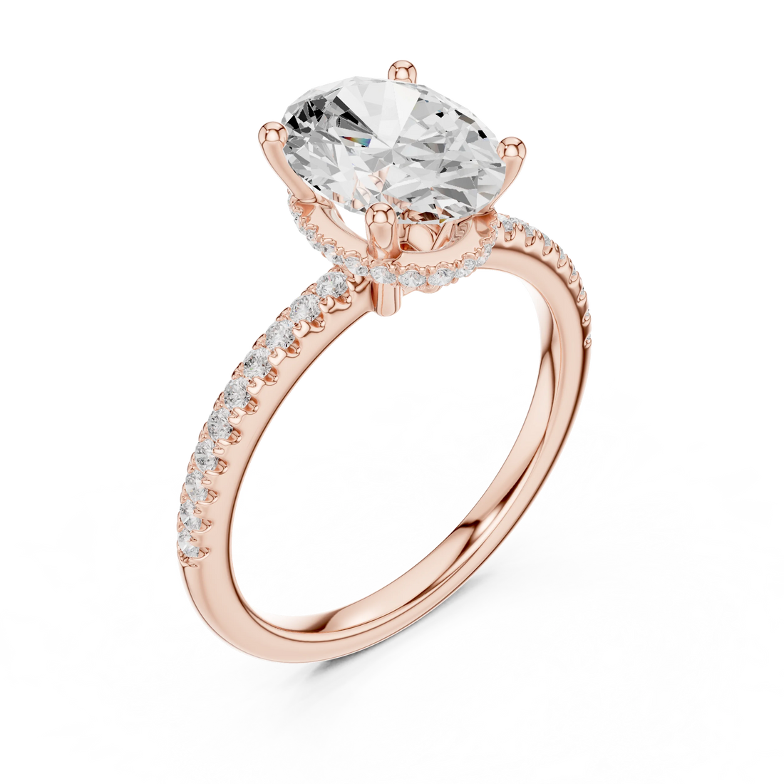 Front view of rose gold oval cut solitaire ring with thin pave band and lab-created diamond