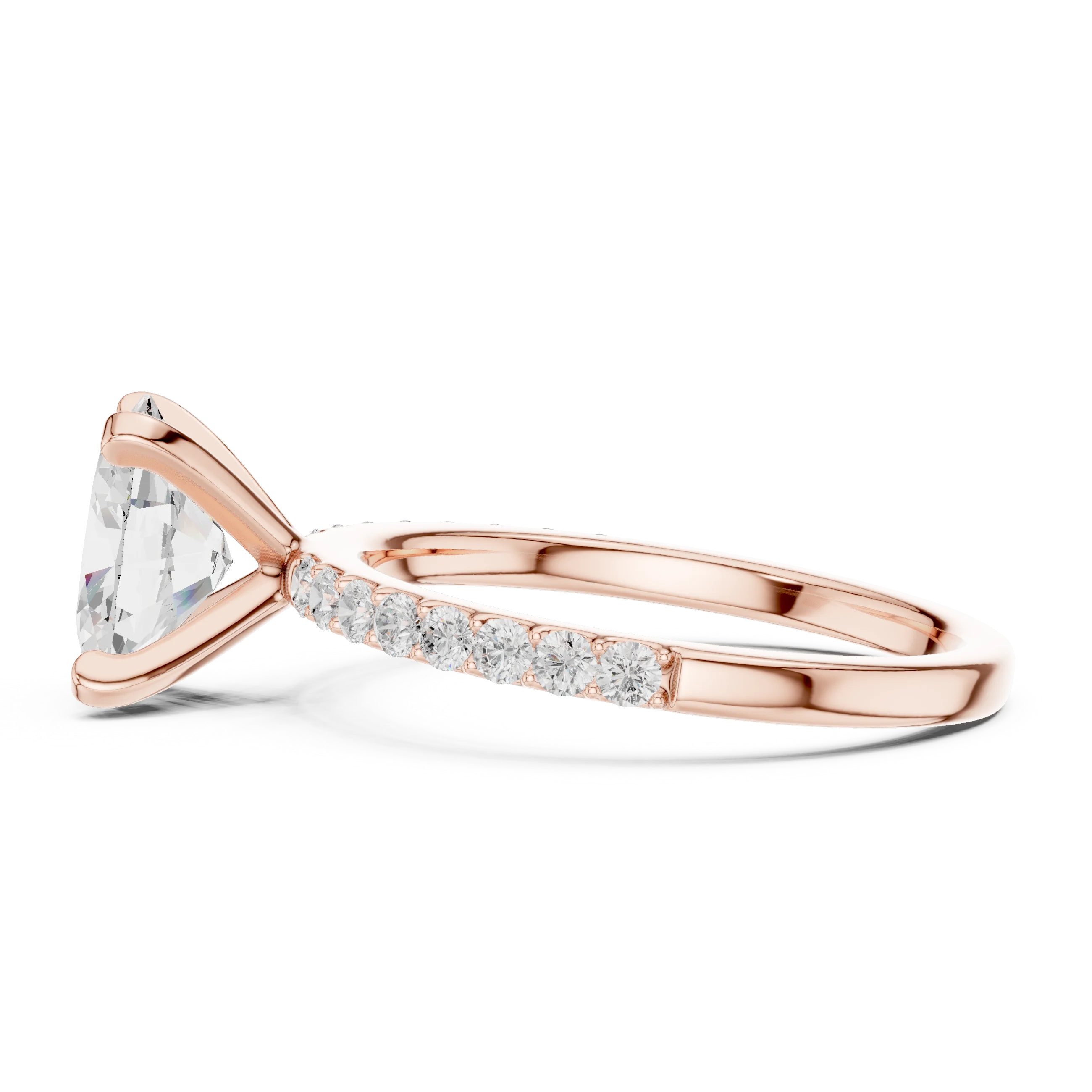 Side profile of rose gold oval solitaire ring with thin pavé band and elevated setting