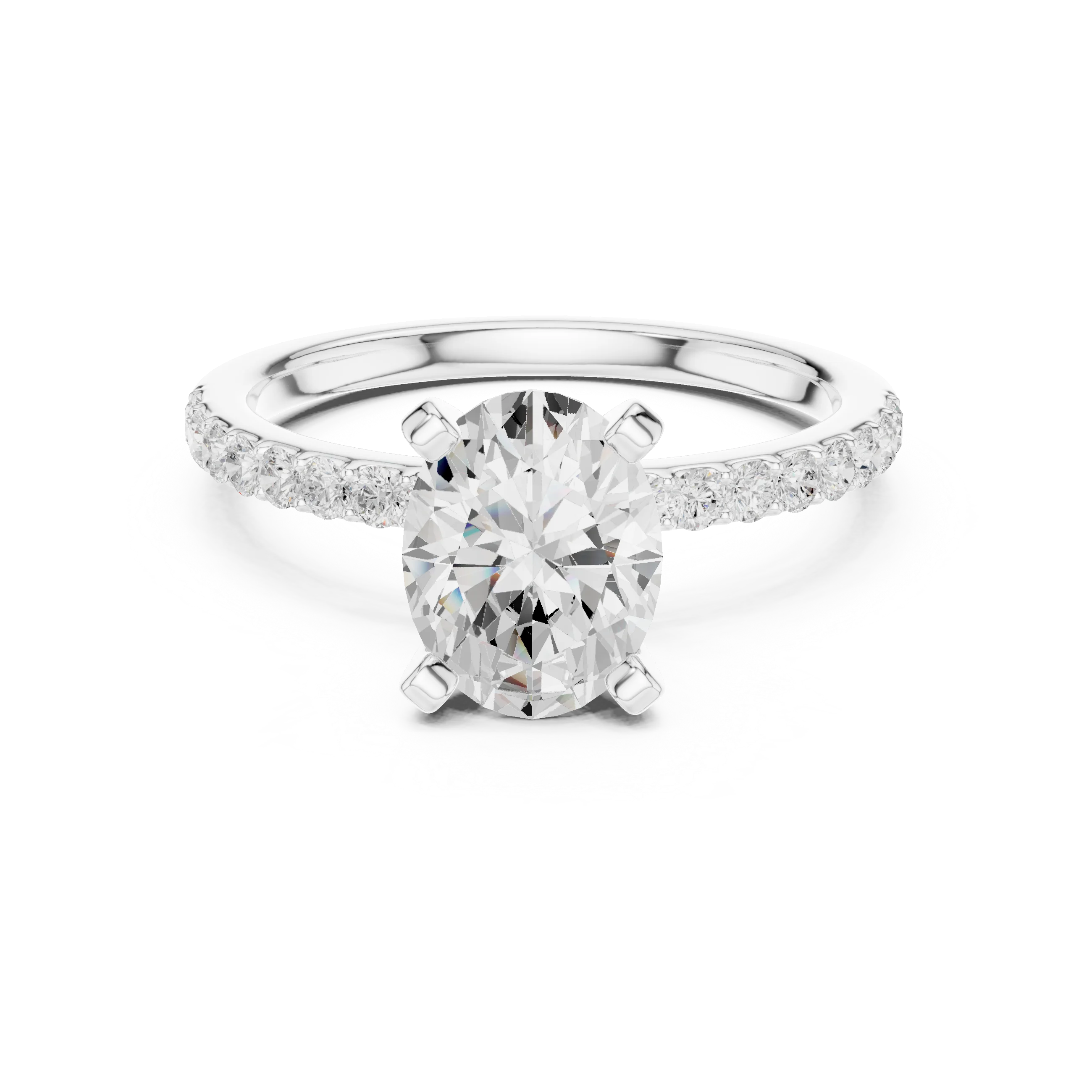 Lab-grown oval solitaire diamond ring in white gold with thin pavé band