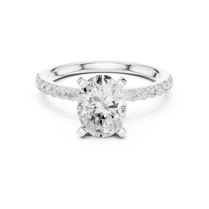 Lab-grown oval solitaire diamond ring in white gold with thin pavé band