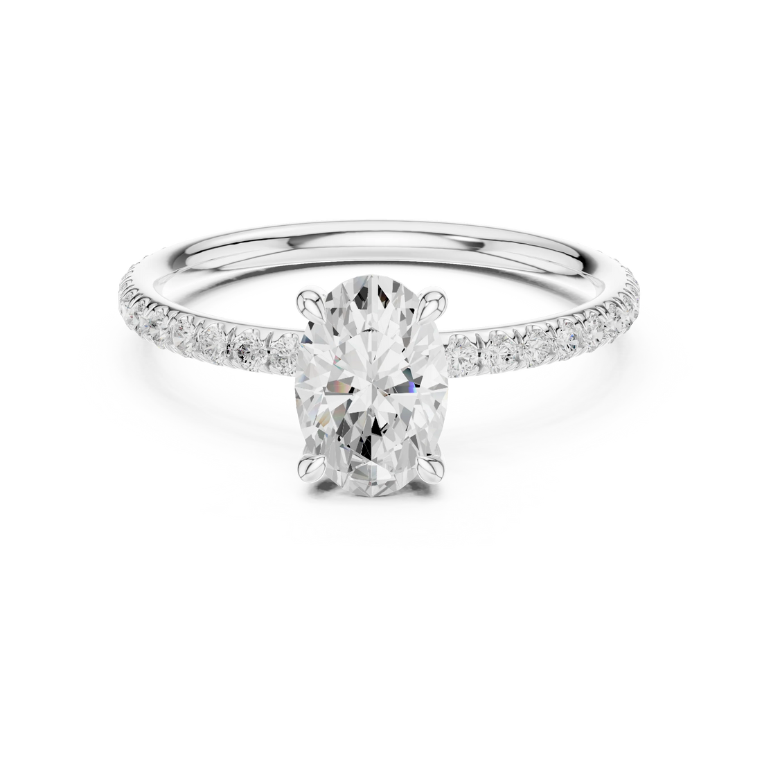 Lab-grown oval cut solitaire ring in white gold with thin pavé diamond band