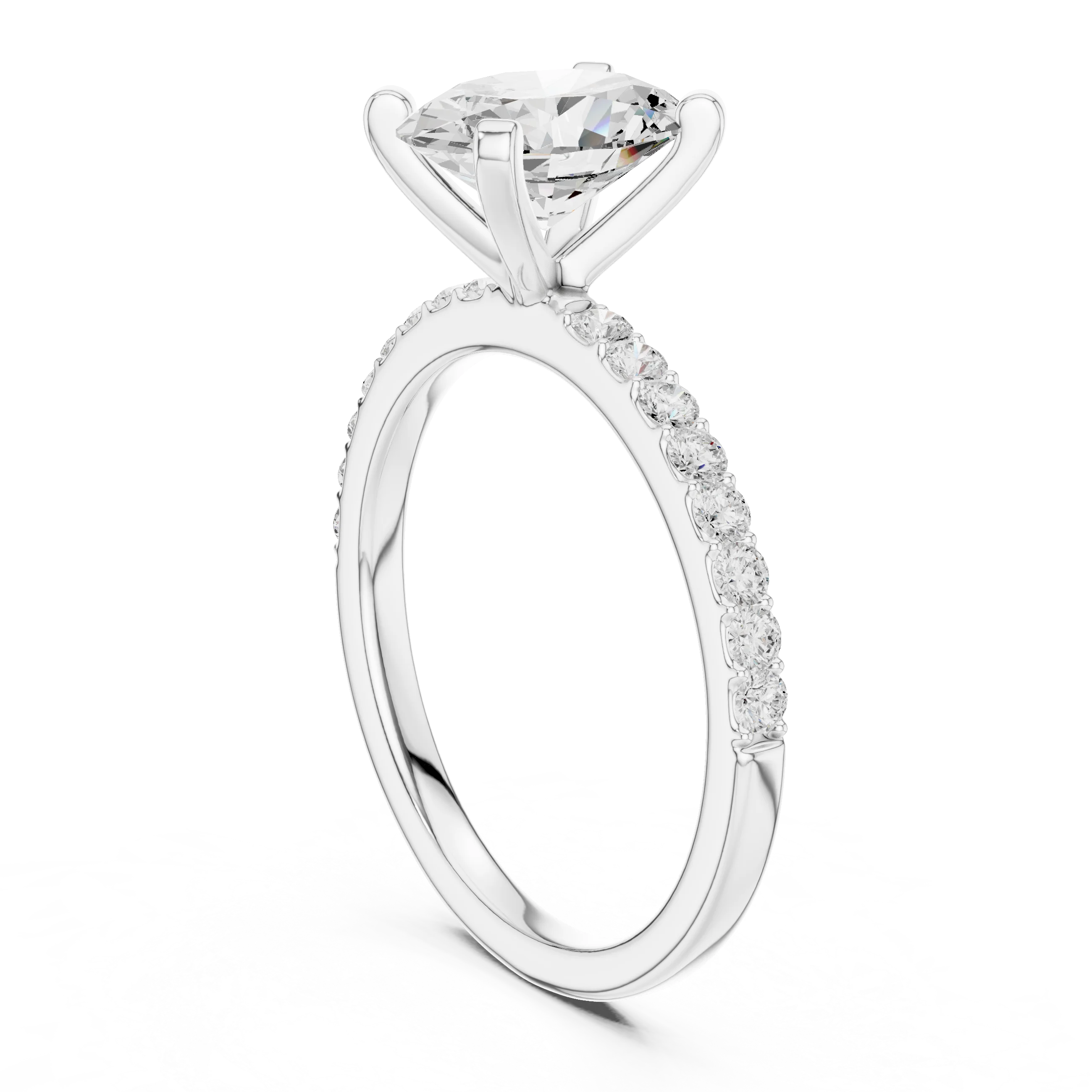 Back side view of white gold oval solitaire ring showing thin pavé band and setting details