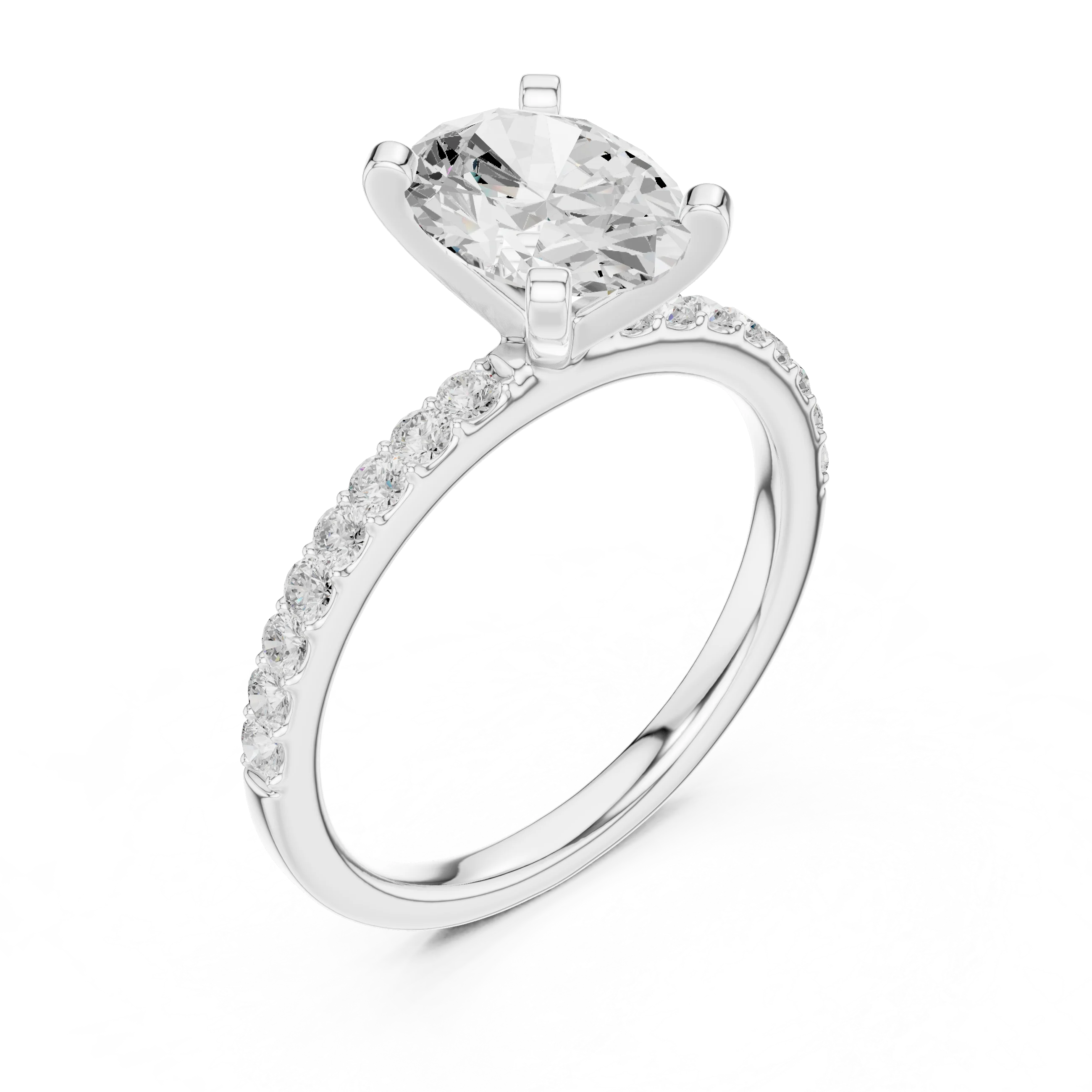 Front view of white gold oval solitaire ring with thin pavé band and center diamond