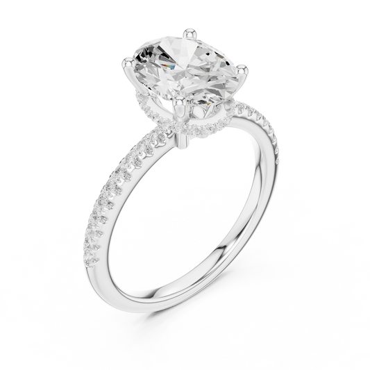 Front view of white gold oval cut solitaire ring with thin pave band and lab-created diamond