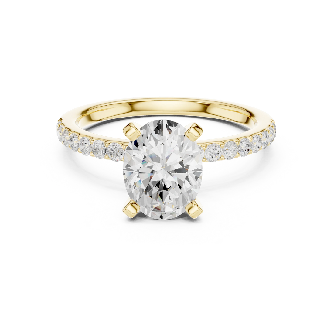Lab-grown oval solitaire diamond ring in yellow gold with thin pavé band