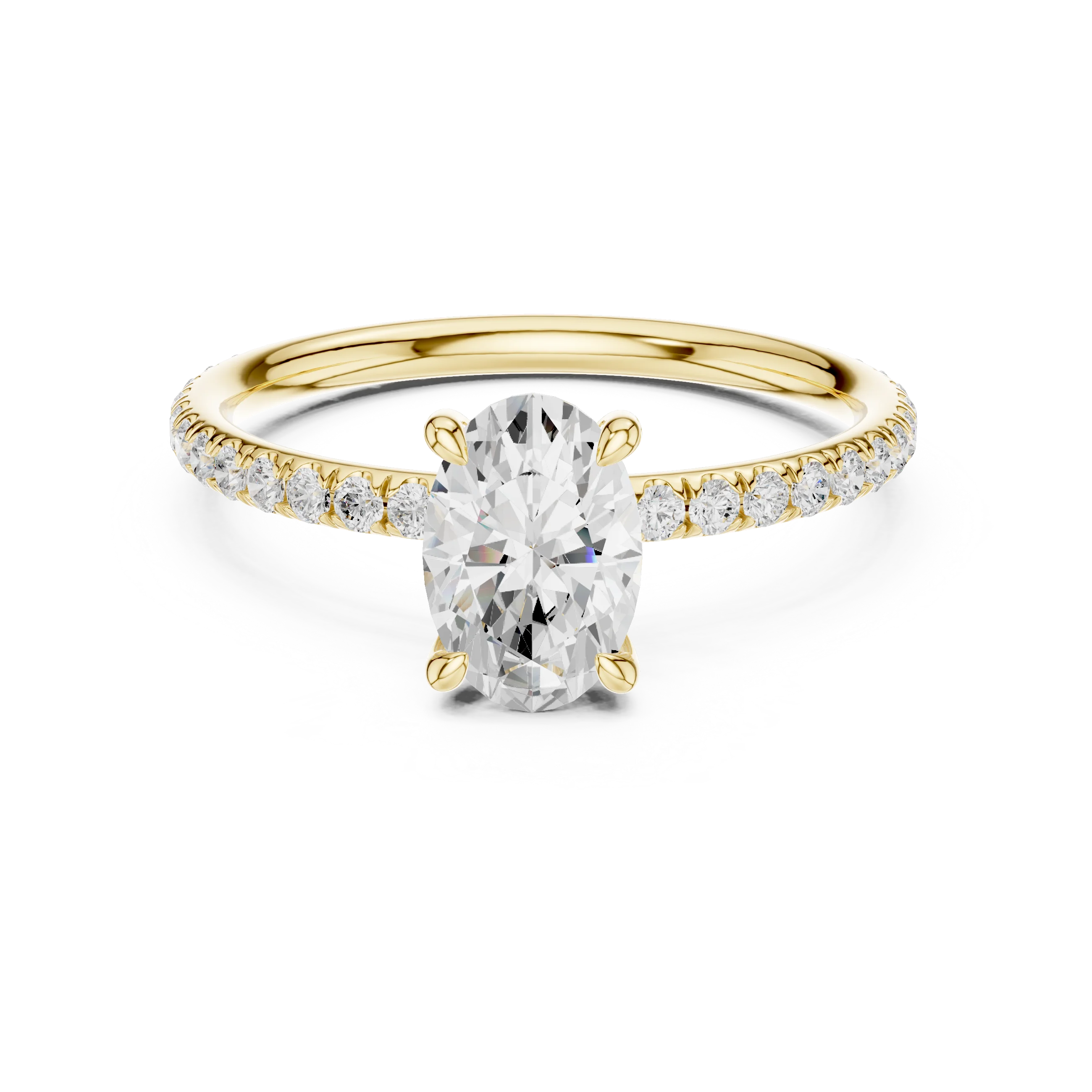 Lab-grown oval cut solitaire ring in yellow gold with thin pavé diamond band