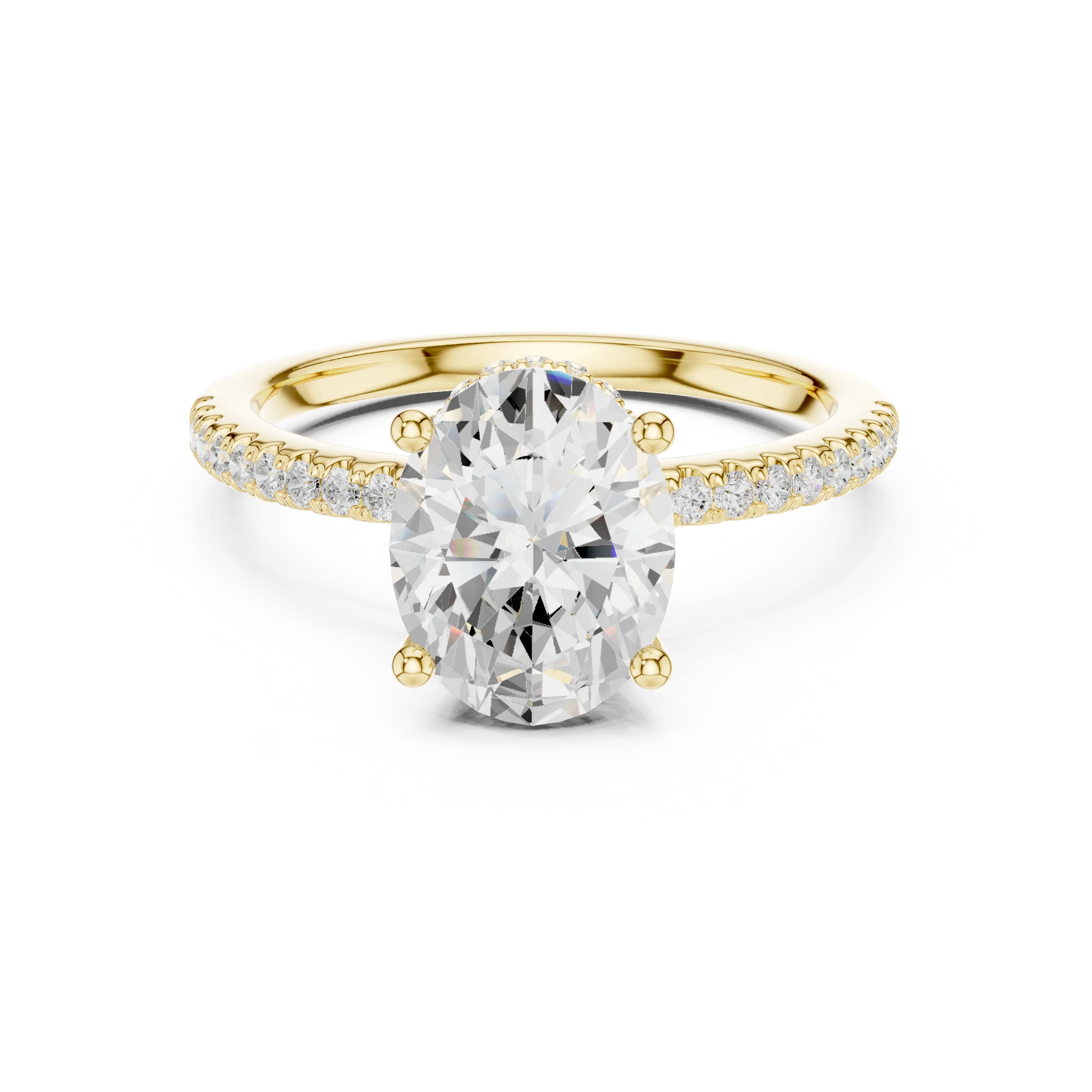 Yellow gold oval cut solitaire ring with thin pave band and lab-grown diamond, elegant style