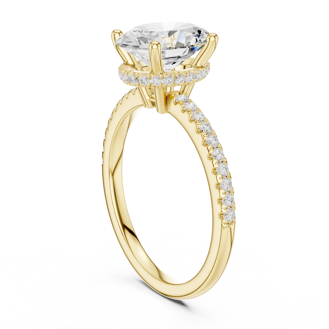 Back side view of yellow gold oval cut solitaire ring showing thin pave band and mounting details