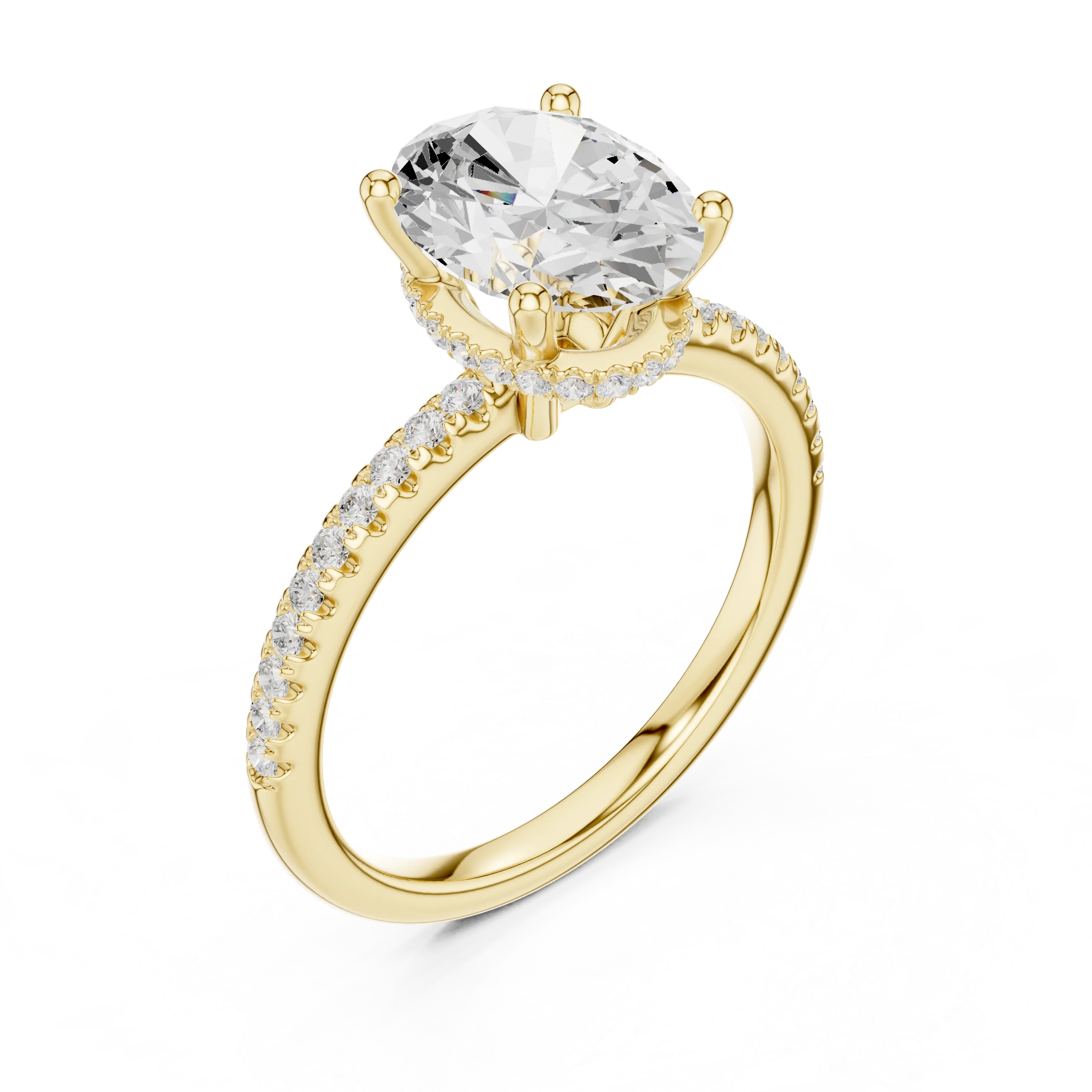 Front view of yellow gold oval cut solitaire ring with thin pave band and lab-created diamond