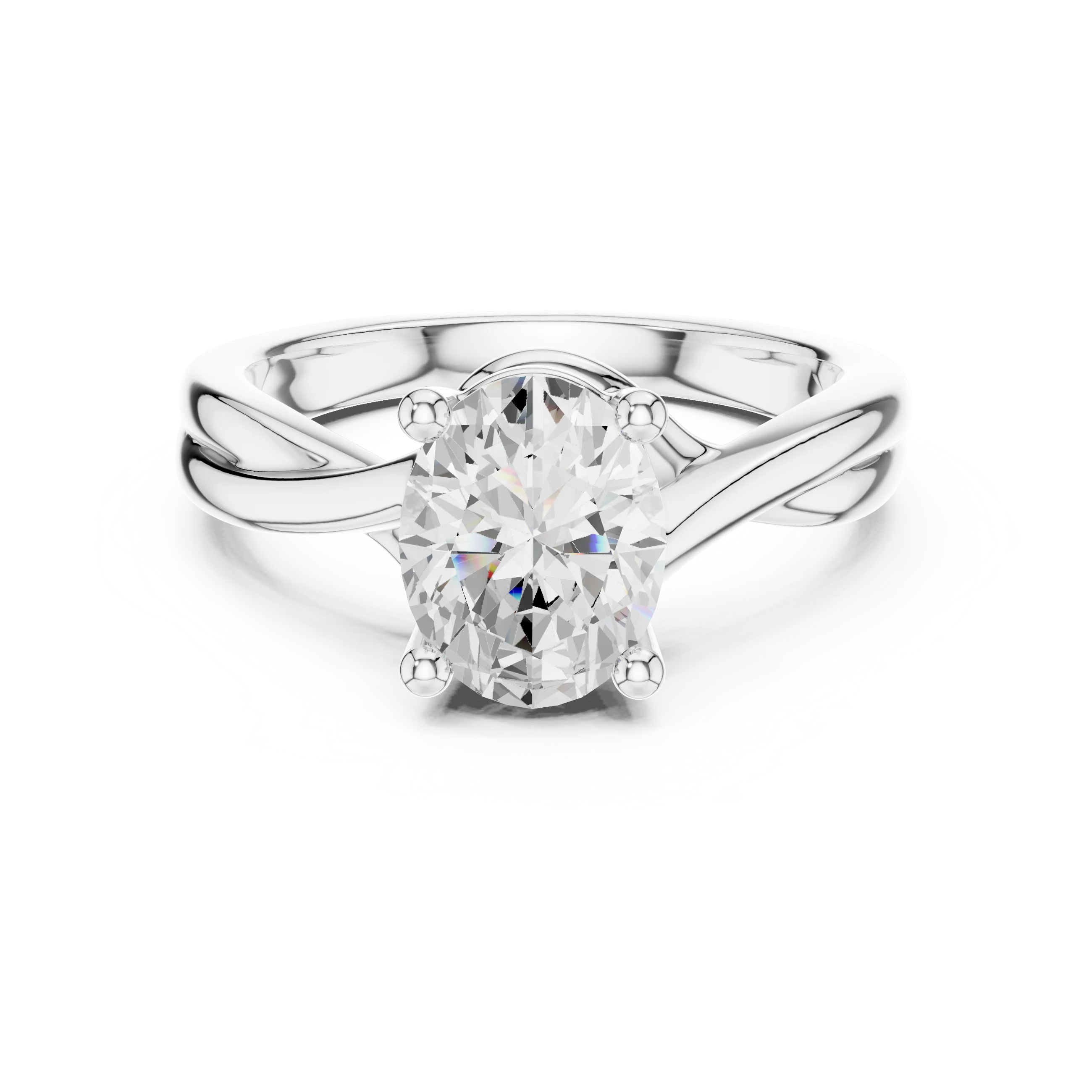 Lab-grown oval cut solitaire ring in white gold with twisted band design