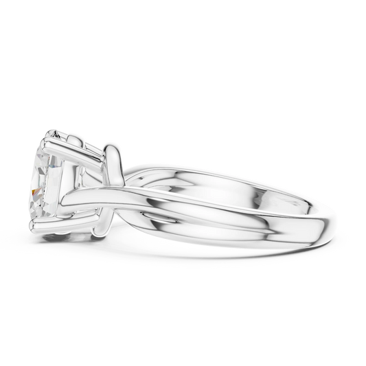 Side view of white gold oval cut solitaire ring with twisted band and raised setting