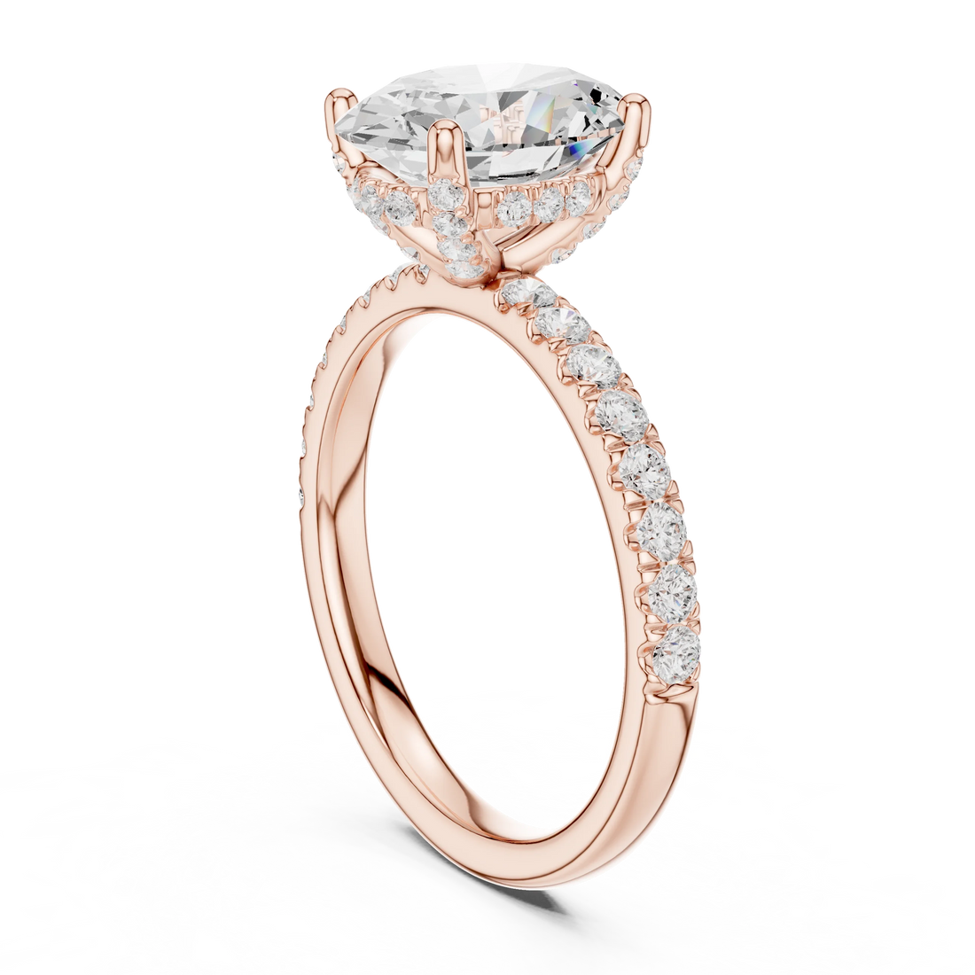 Back view of rose gold oval solitaire ring with pave diamond band and lab-grown diamond – Australia