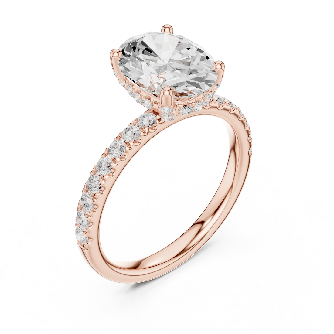 Front view of rose gold oval solitaire ring with pave diamond band and lab-grown diamond – Australia