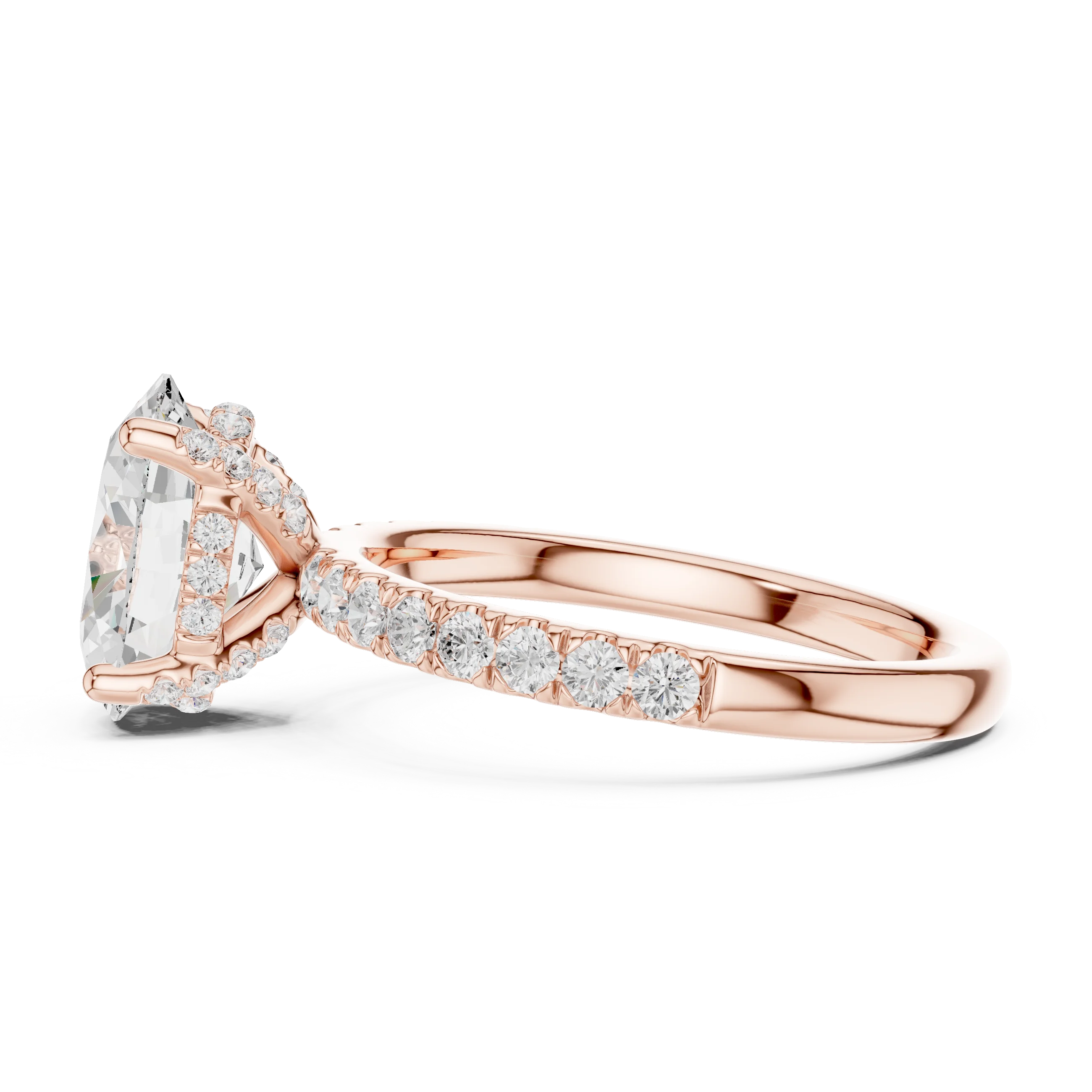Side view of rose gold oval solitaire ring with pave diamond band and lab-grown diamond – Australia