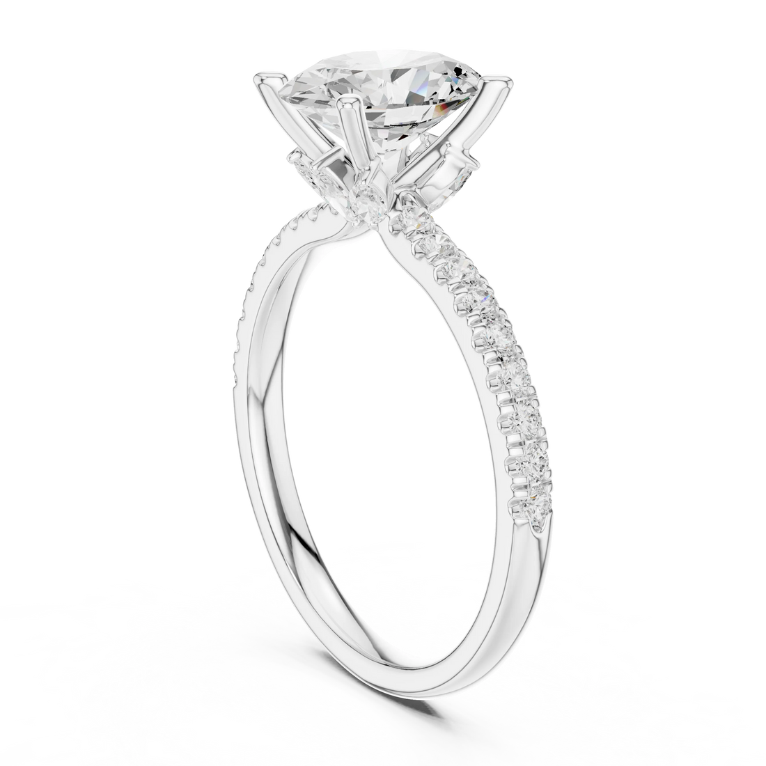 Back side view of white gold oval solitaire ring with pave diamond band and lab-grown diamond – Australia