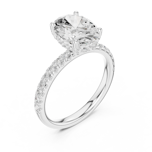 Front view of white gold oval solitaire ring with pave diamond band and lab-grown diamond – Australia