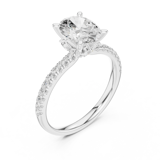 Front view of white gold oval solitaire ring with pave diamond band and lab-grown diamond – Australia