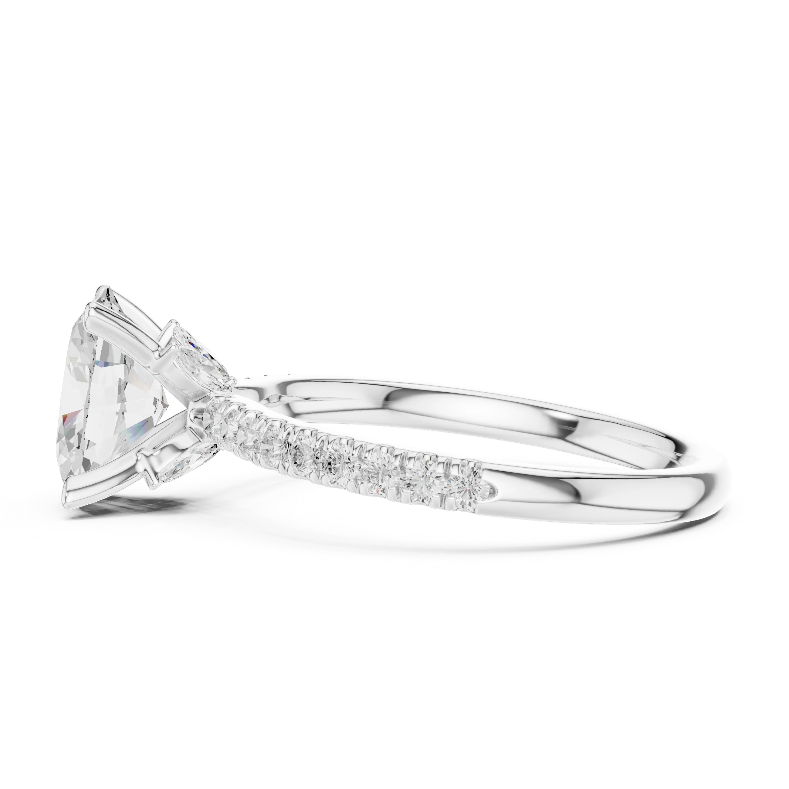 Side view of white gold oval solitaire ring with pave diamond band and lab-grown diamond – Australia