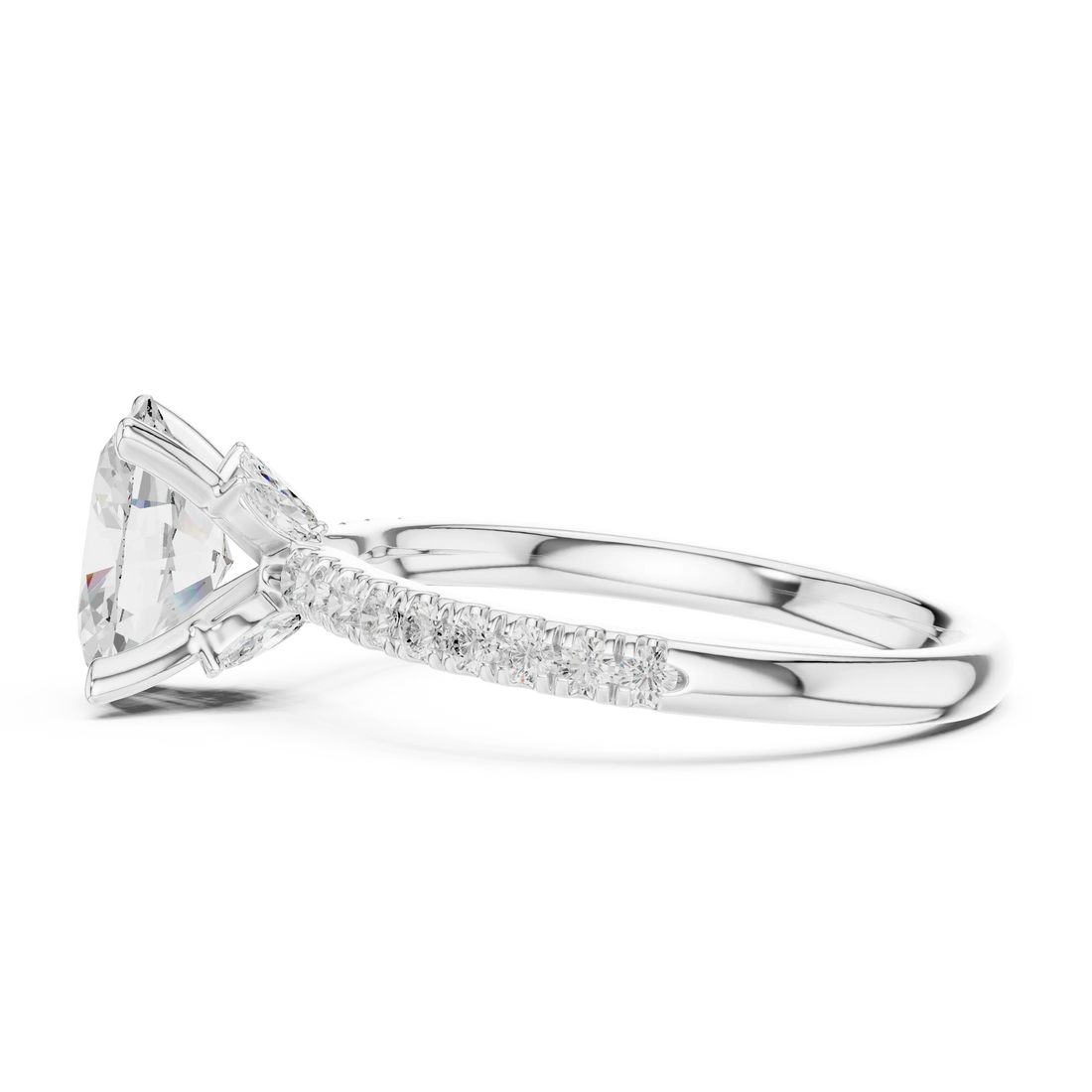 Side view of white gold oval solitaire ring with pave diamond band and lab-grown diamond – Australia