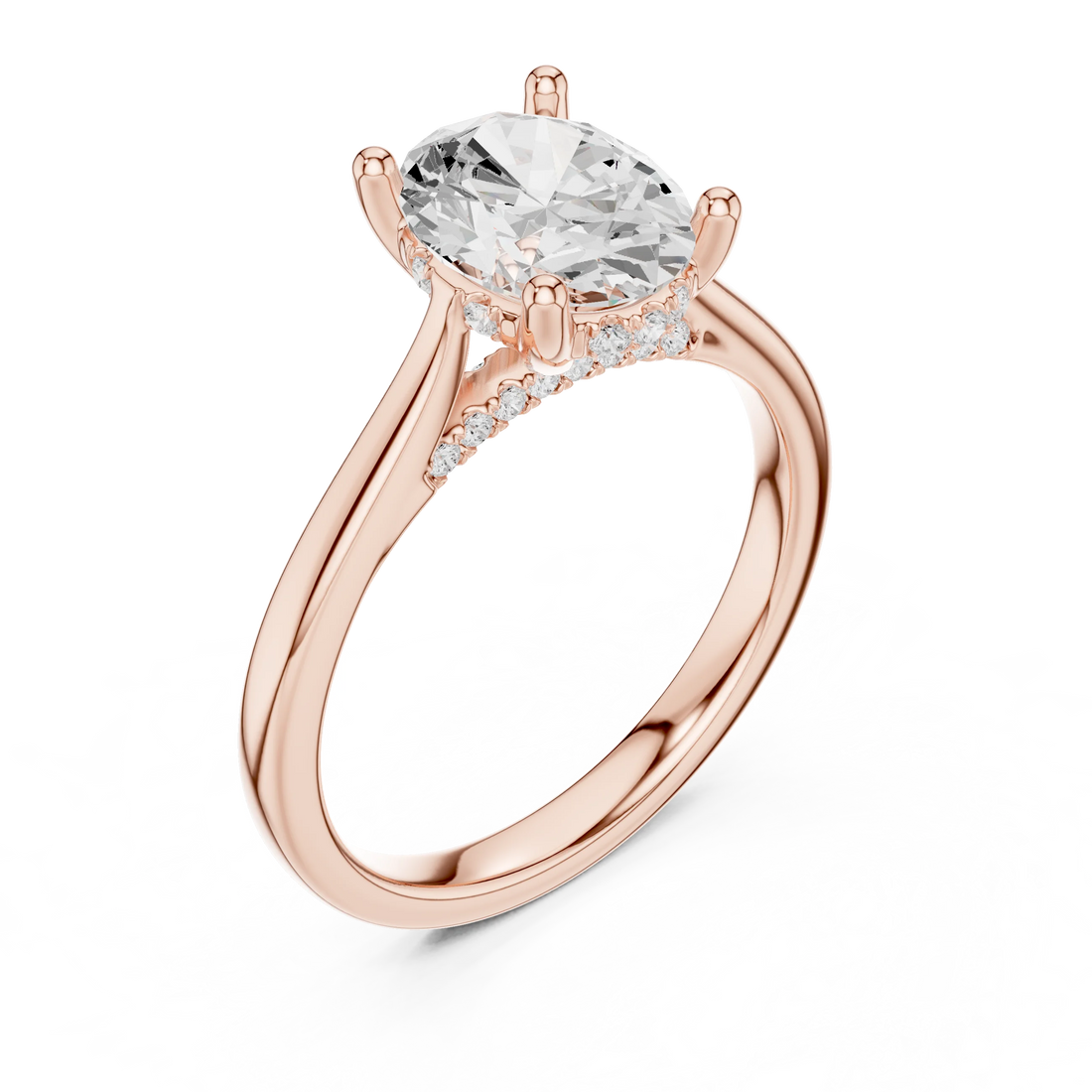 Front view of rose gold oval solitaire ring with plain domed band and lab-grown diamond – Australia