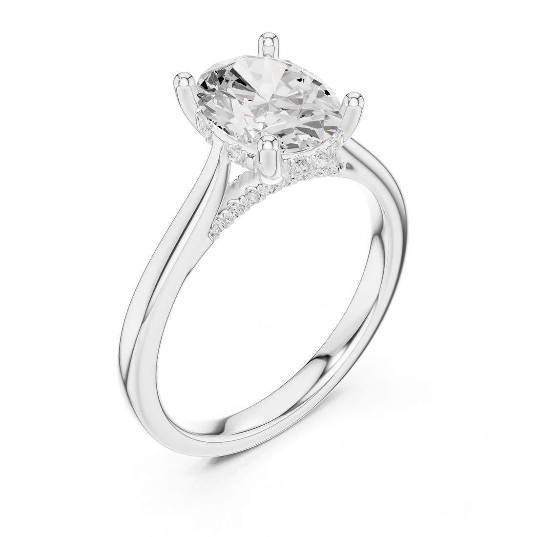 Front view of white gold oval solitaire ring with plain domed band and lab-grown diamond – Australia