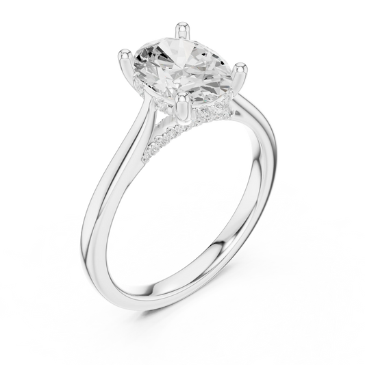 Front view of white gold oval solitaire ring with plain domed band and lab-grown diamond – Australia