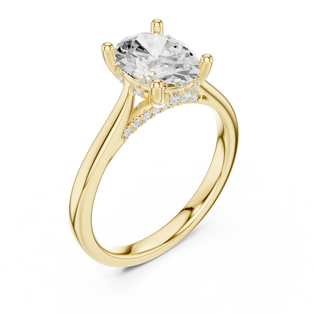 Back view of yellow gold oval solitaire ring with plain domed band and lab-grown diamond – Australia