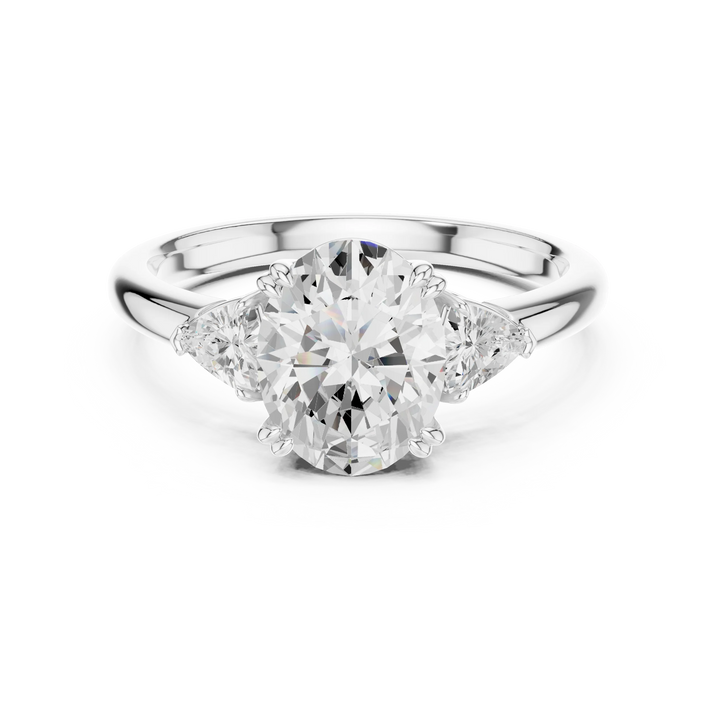 Oval three-stone ring in white gold with half-moon side stones and lab-grown diamond – Australia