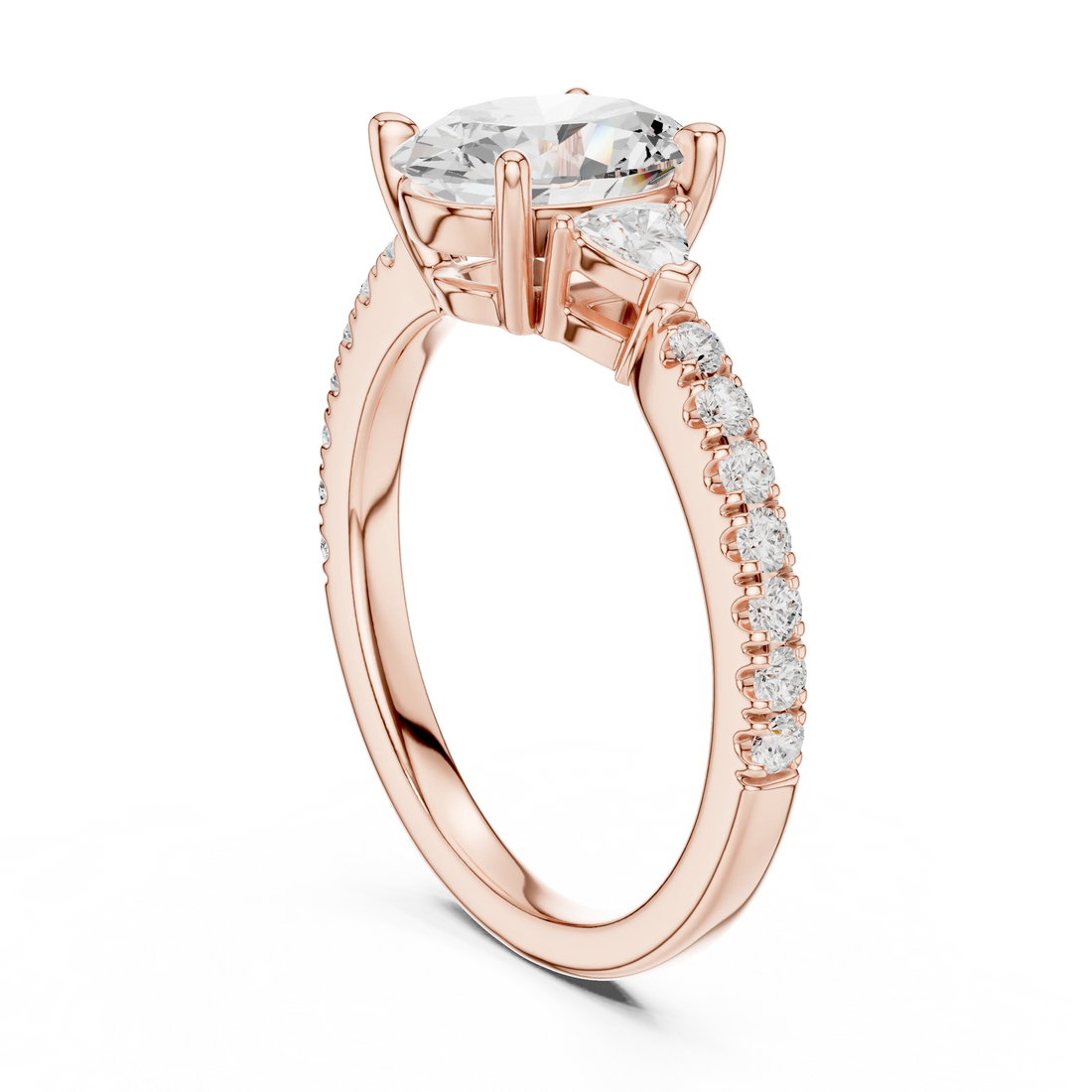 Back view of rose gold oval three stone diamond ring with half moon side stones and pave band, detailing band and setting