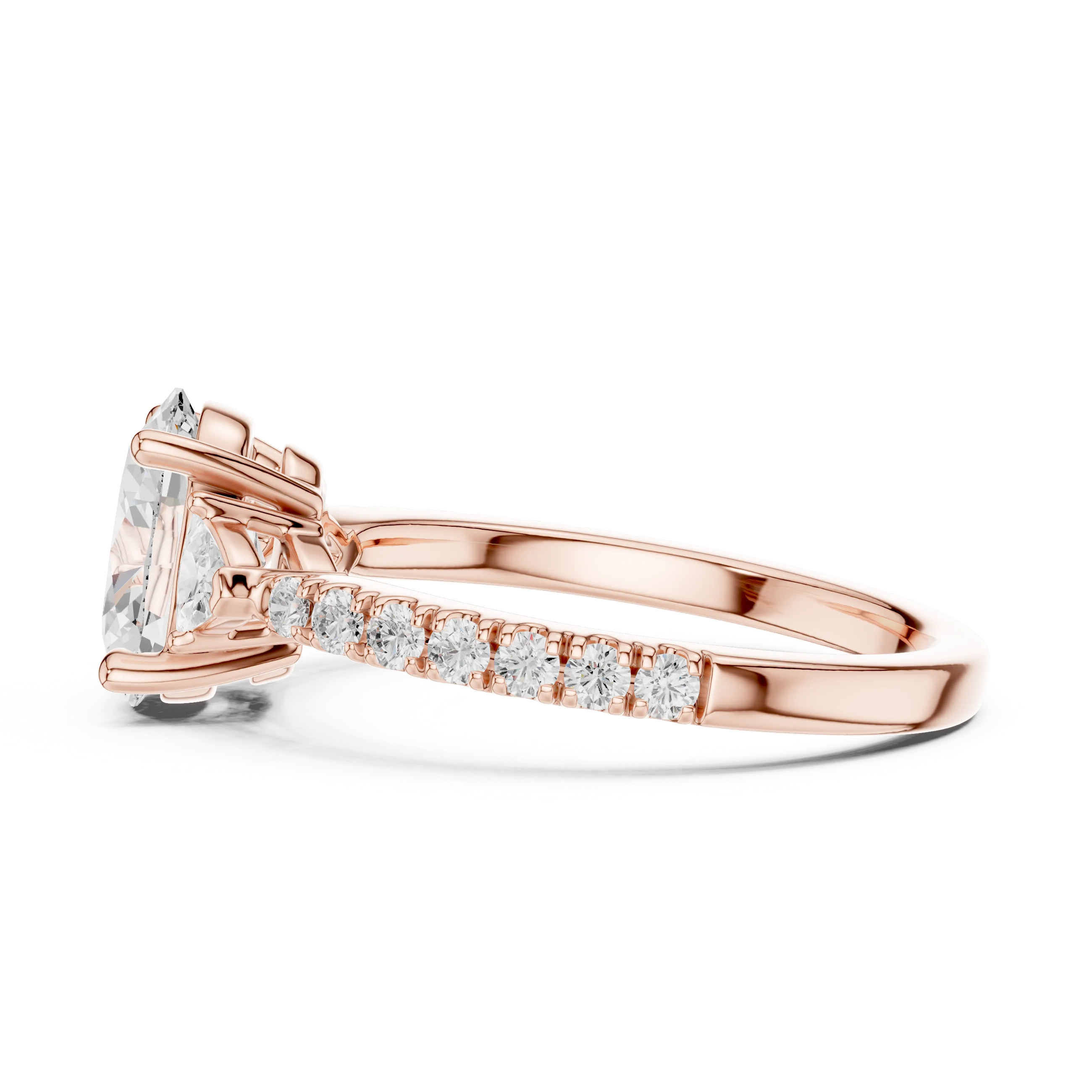 Side view of rose gold oval three stone diamond ring with half moon side stones and pave band, highlighting overall design profile.