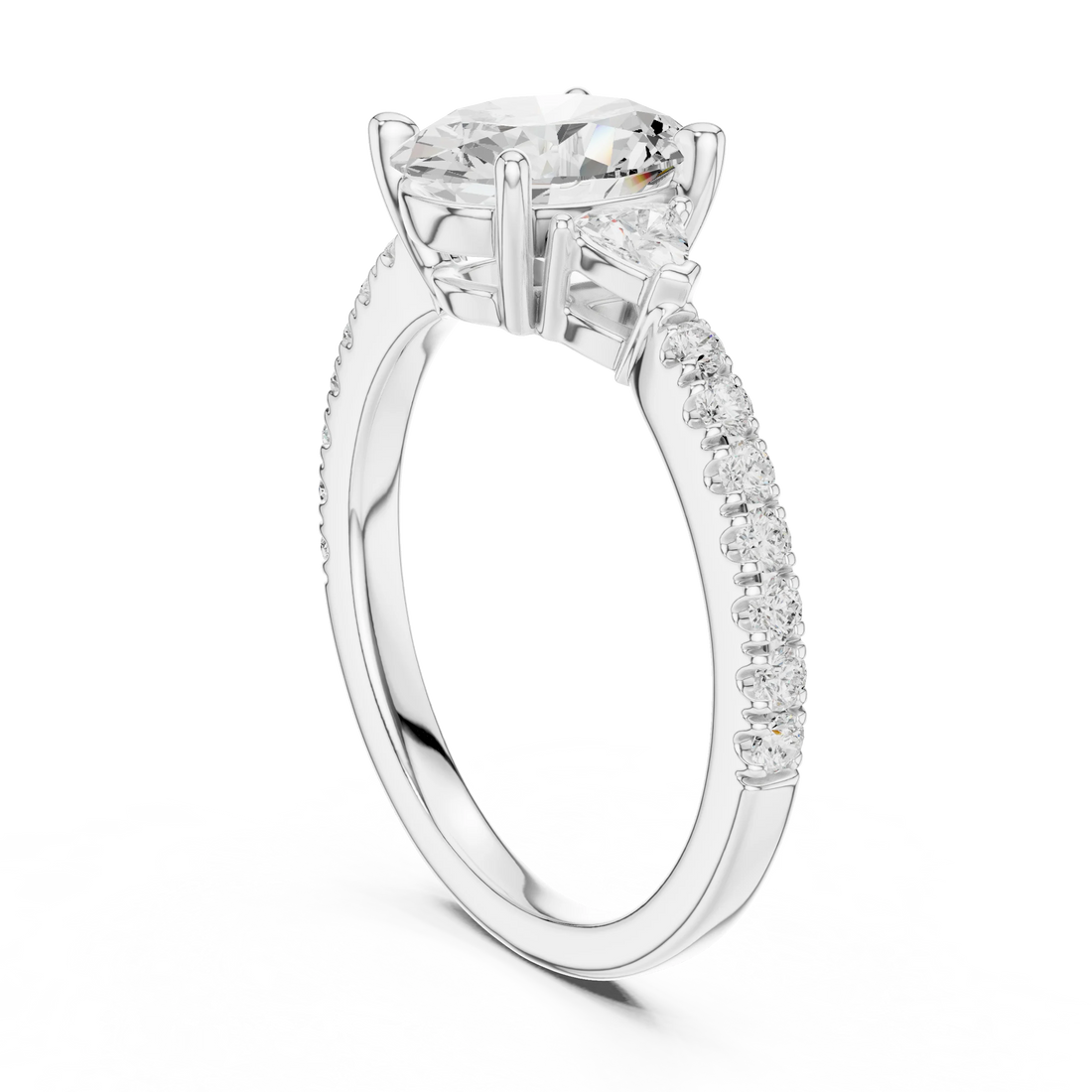 Back view of white gold oval three stone diamond ring with half moon side stones and pave band, showing band and setting
