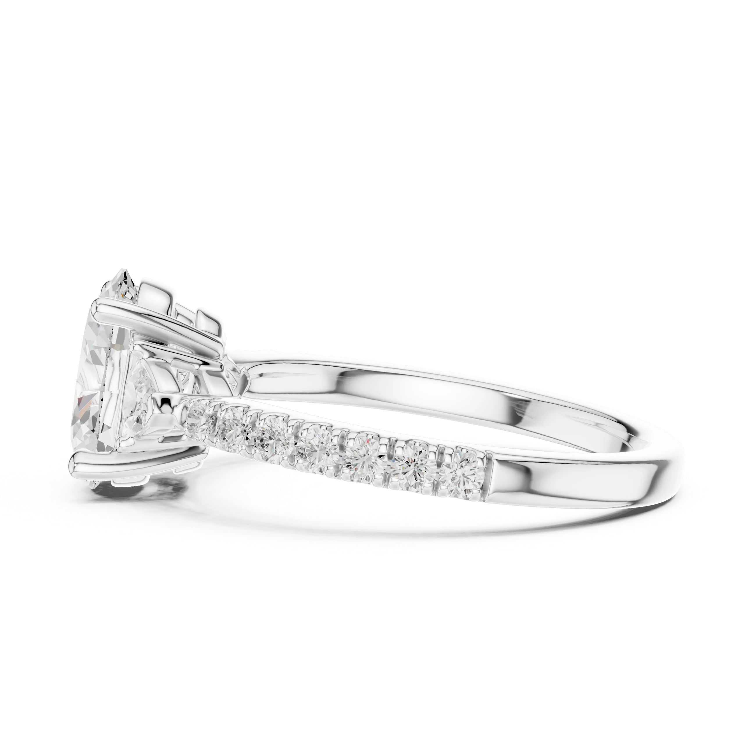 Side view of white gold oval three stone diamond ring with half moon side stones and pave band, highlighting setting profile.