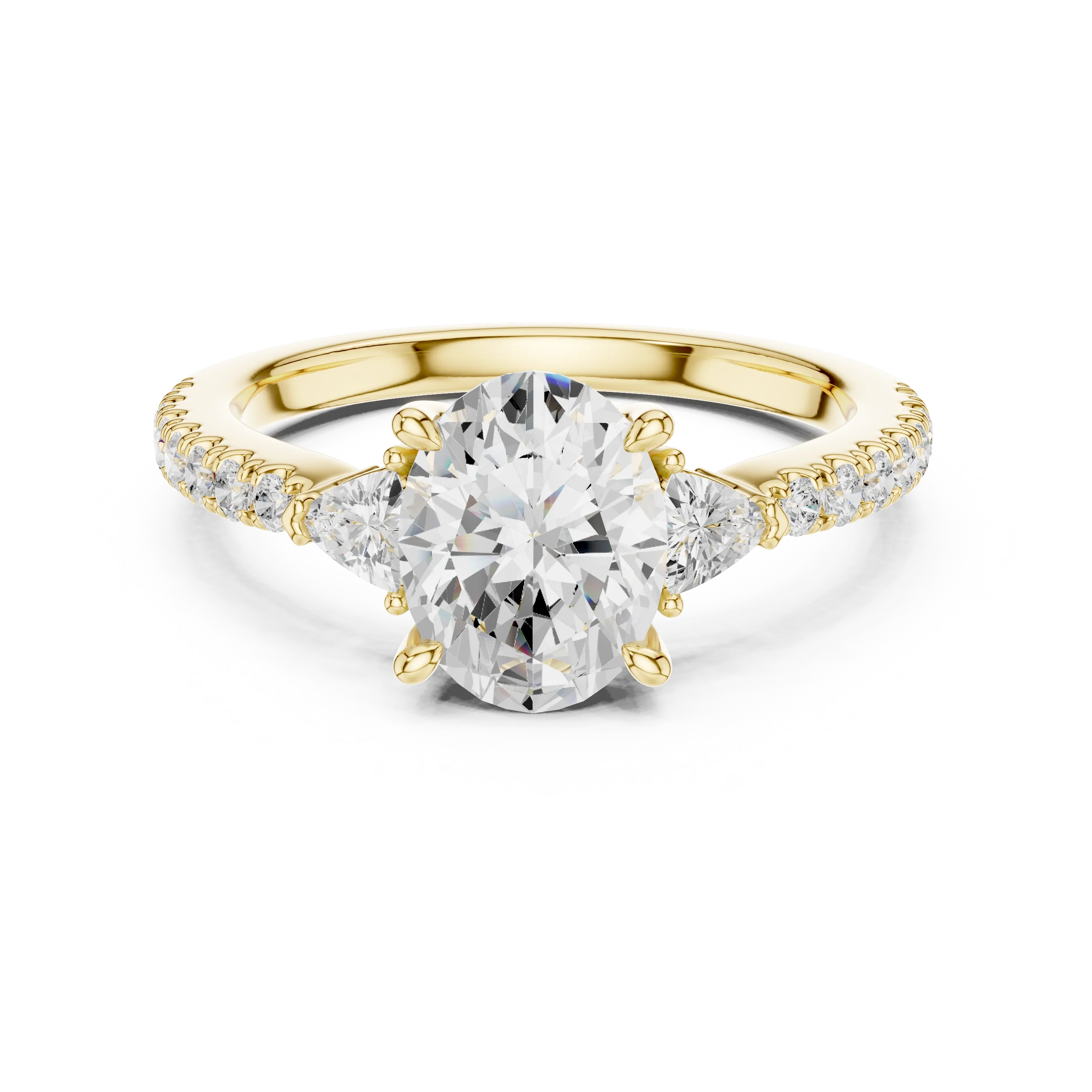 Lab-grown oval cut three stone diamond ring with half moon side stones and pave band in yellow gold, top view.