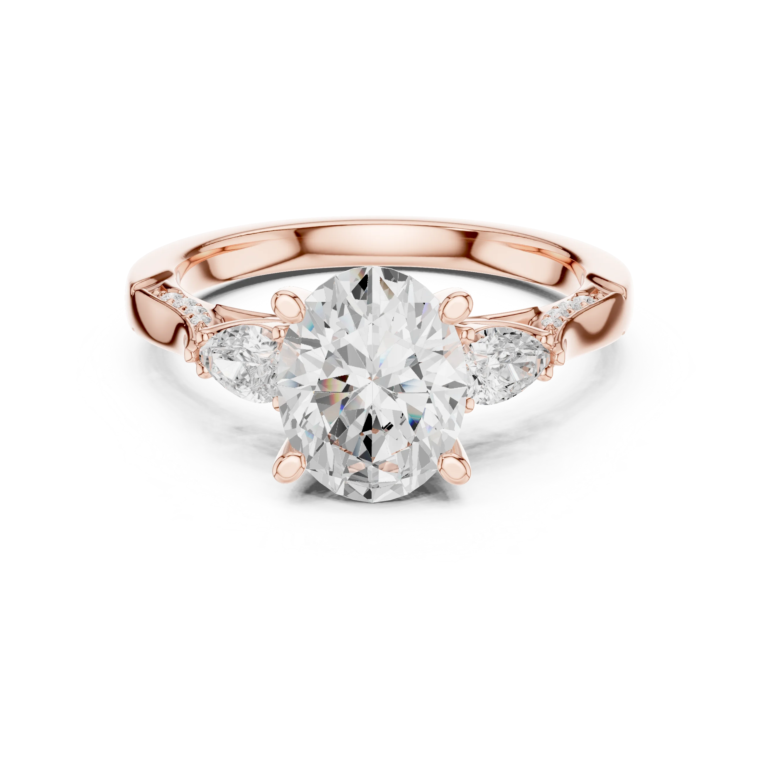 Oval three stone ring in rose gold with pear side stones, accent band and lab-grown diamonds – Australia