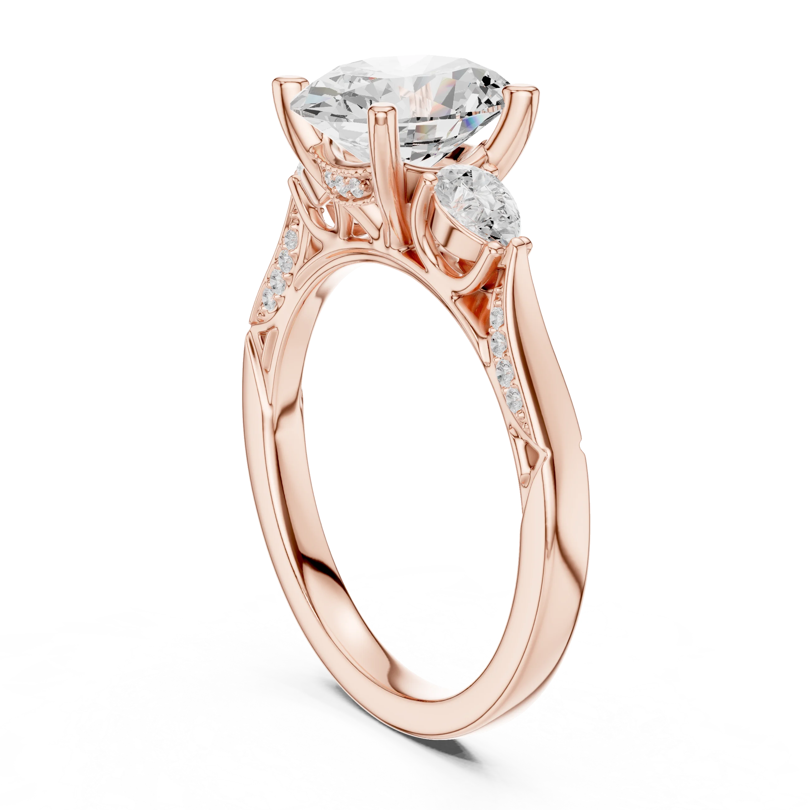 Back side view of rose gold oval three stone ring with pear side stones, accent band and lab-grown diamonds – Australia