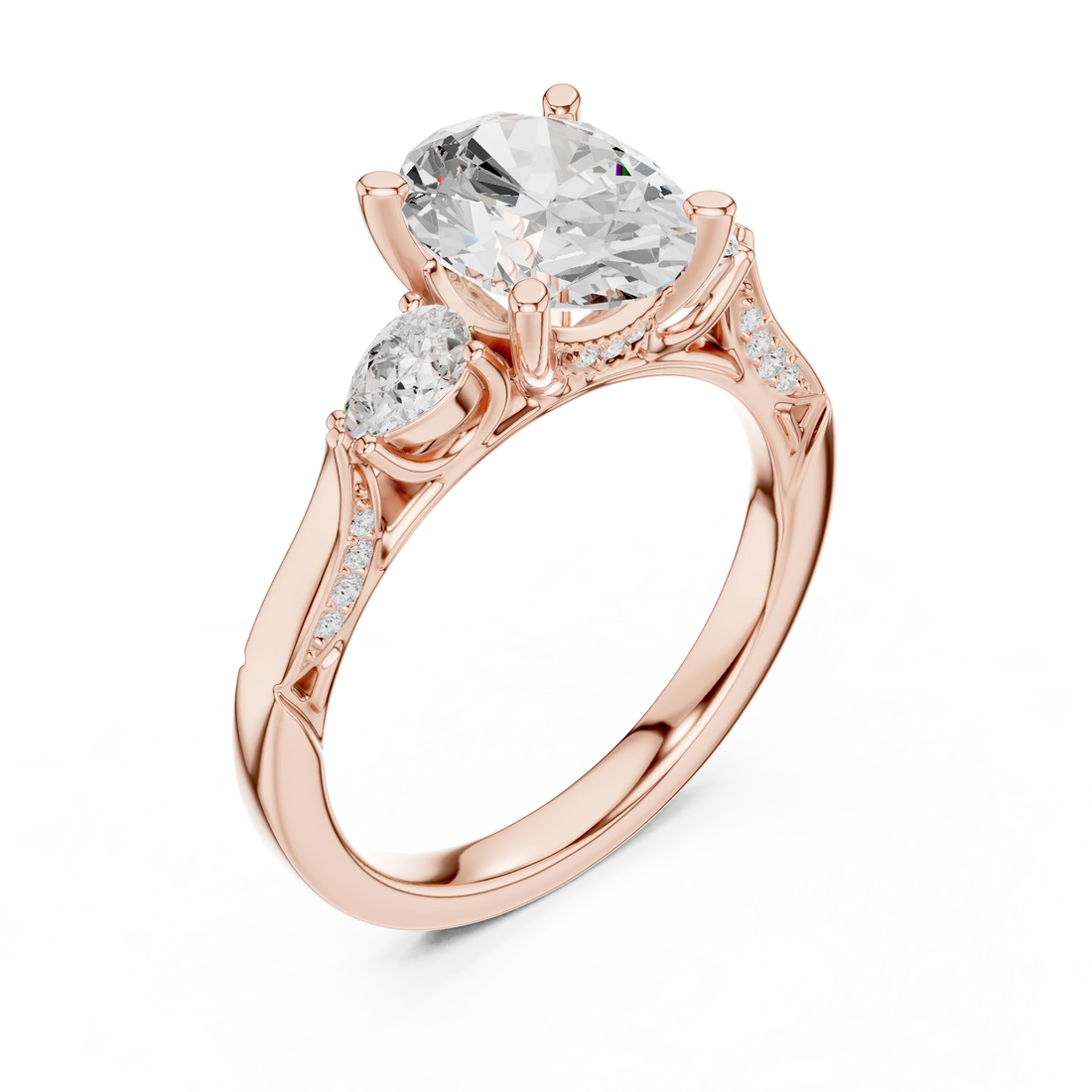 Front view of rose gold oval three stone ring with pear side stones, accent band and lab-grown diamonds – Australia