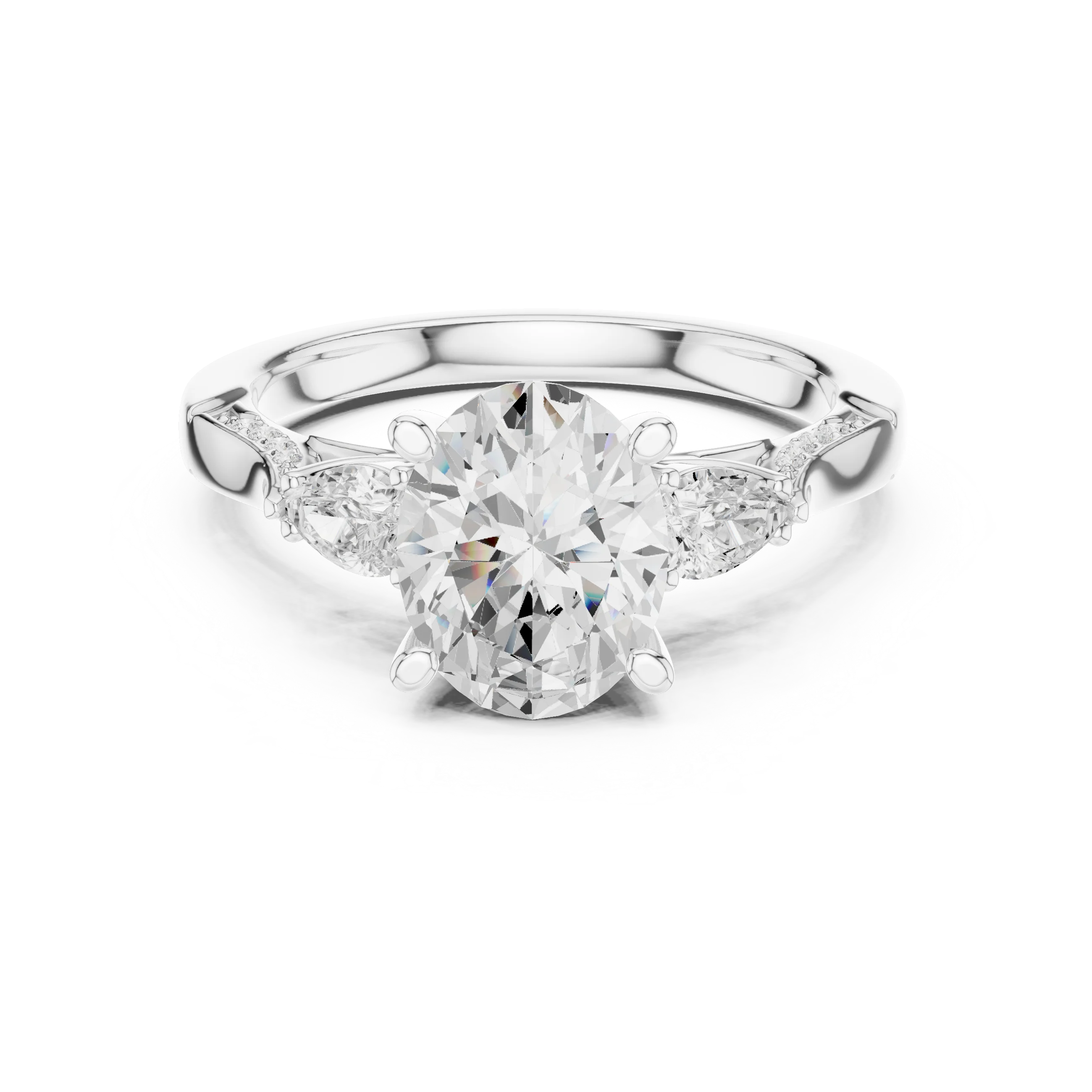 Oval three stone ring in white gold with pear side stones, accent band and lab-grown diamonds – Australia