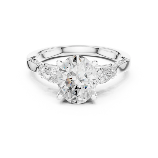Oval three stone ring in white gold with pear side stones, accent band and lab-grown diamonds – Australia