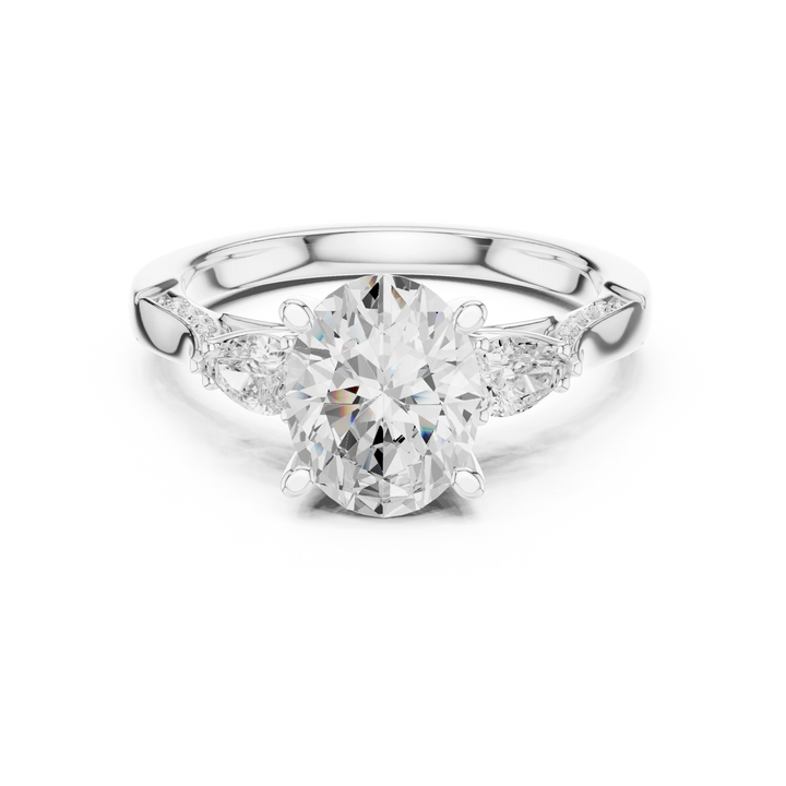 Oval three stone ring in white gold with pear side stones, accent band and lab-grown diamonds – Australia