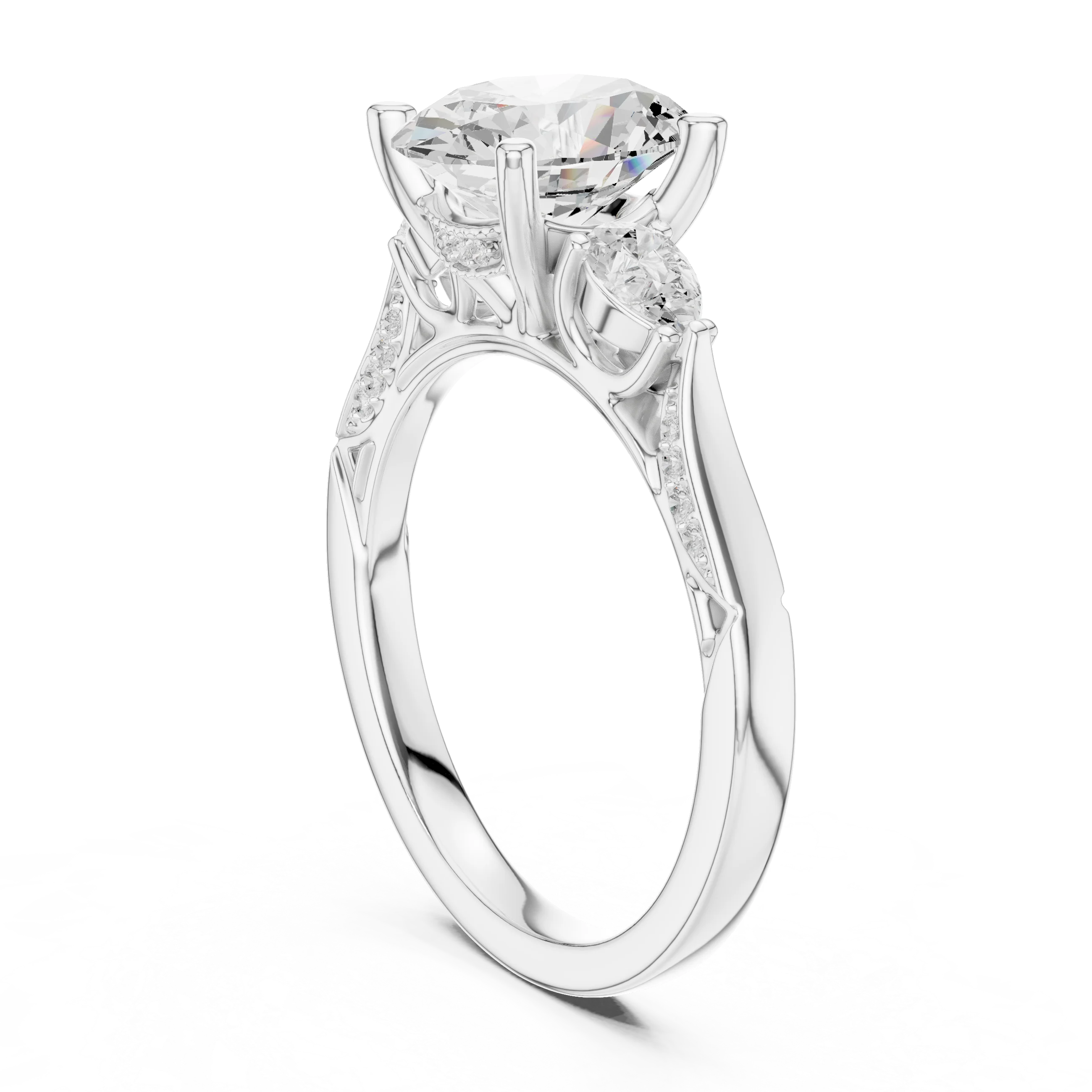 Back side view of white gold oval three stone ring with pear side stones, accent band and lab-grown diamonds – Australia