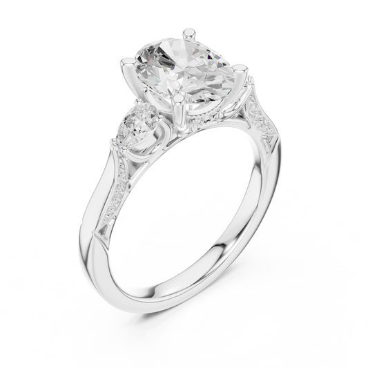 Front view of white gold oval three stone ring with pear side stones, accent band and lab-grown diamonds – Australia
