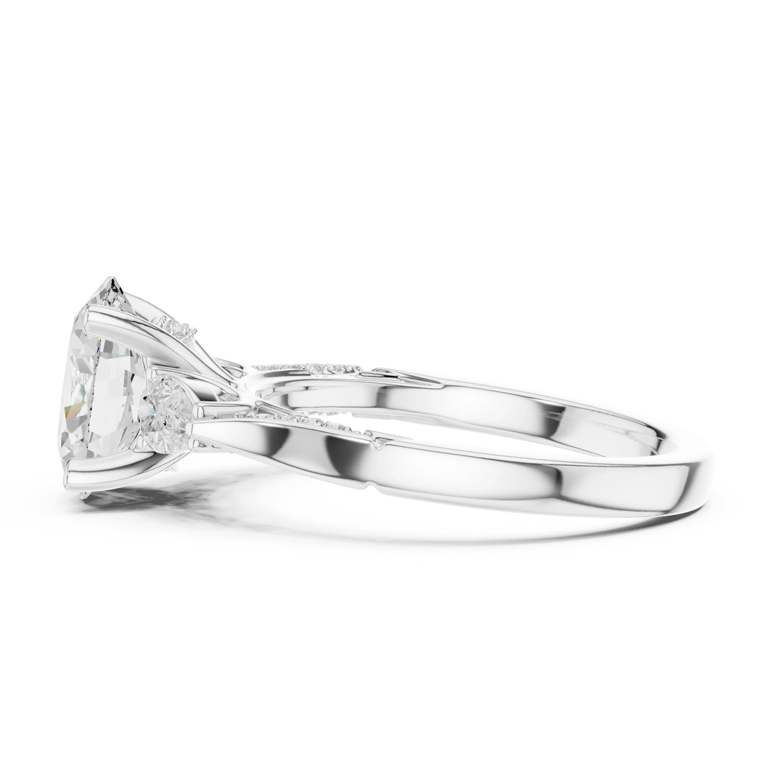 Side view of white gold oval three stone ring with pear side stones, accent band and lab-grown diamonds – Australia