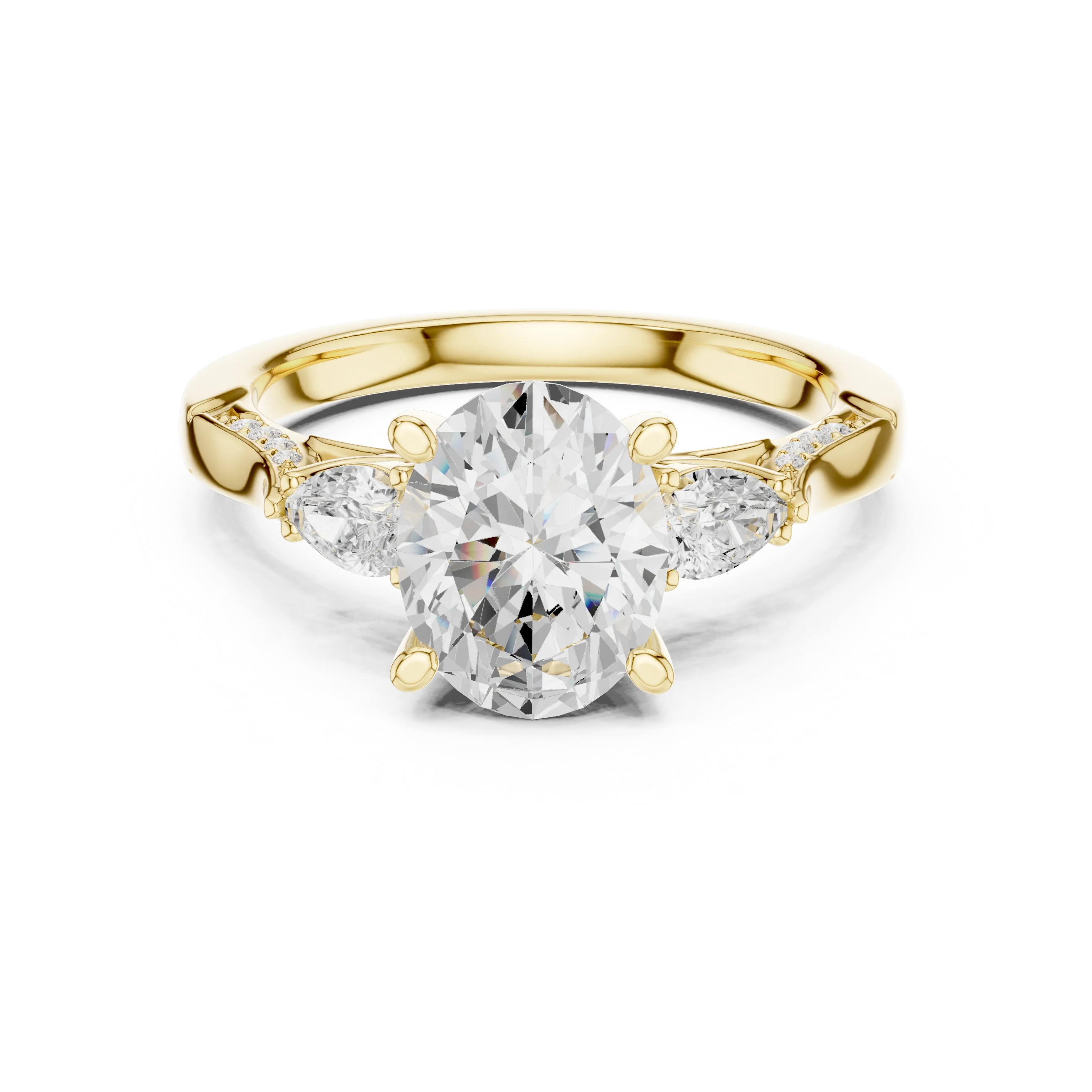 Oval three stone ring in yellow gold with pear side stones, accent band and lab-grown diamonds – Australia