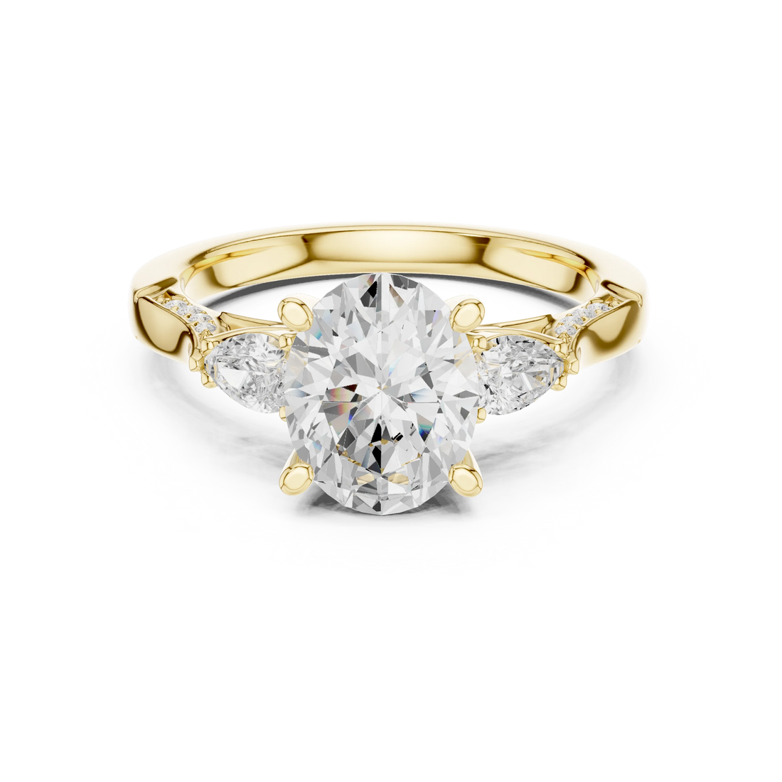 Oval three stone ring in yellow gold with pear side stones, accent band and lab-grown diamonds – Australia