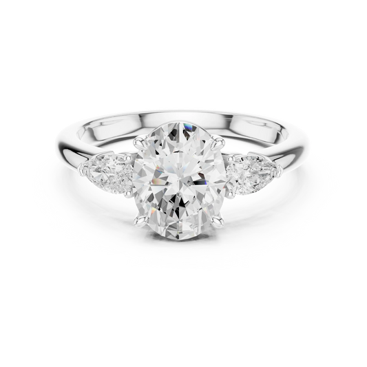 Oval three-stone ring in white gold with pear side stones and lab-grown diamond – Australia