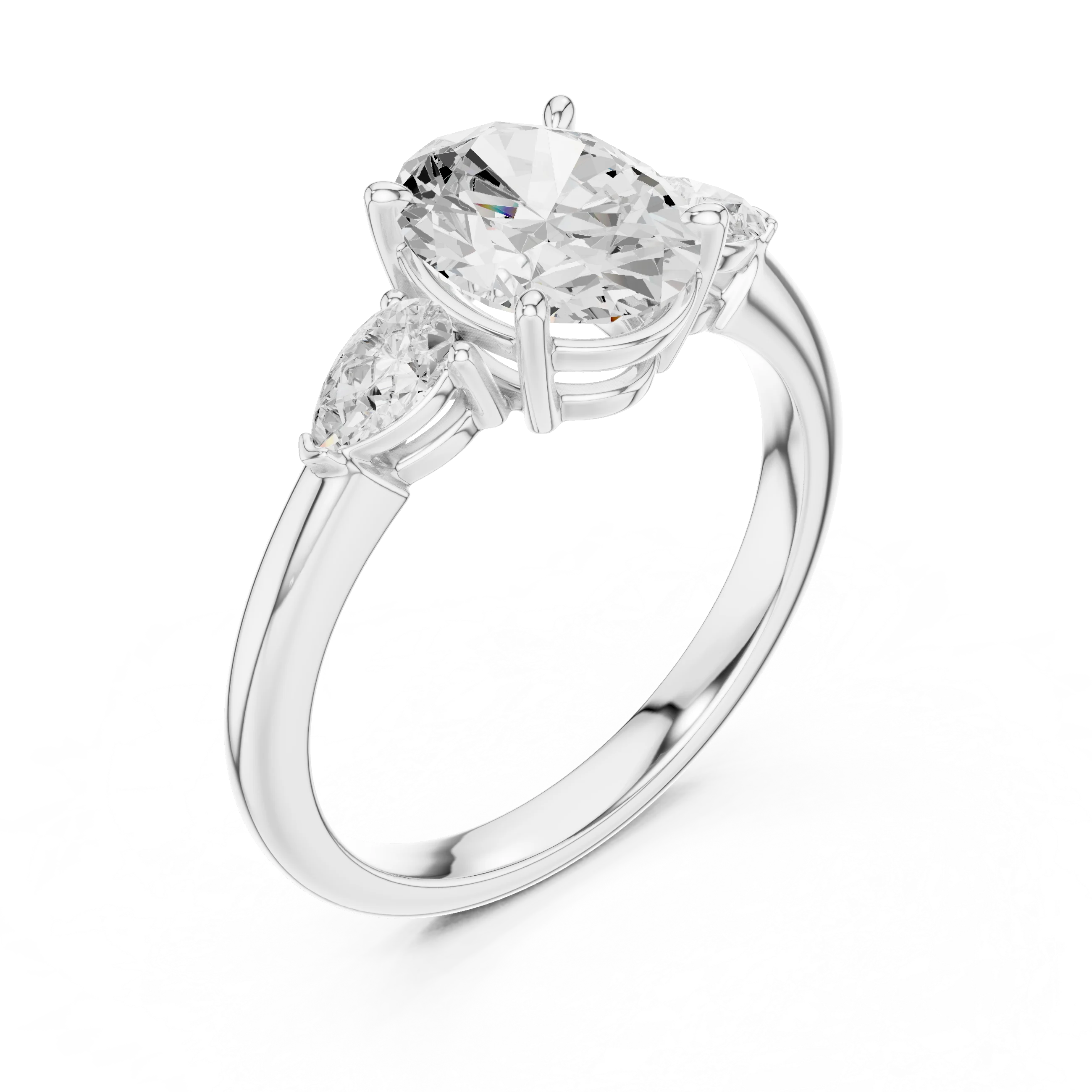 Front view of white gold oval three-stone ring with pear side stones and lab-grown diamond – Australia