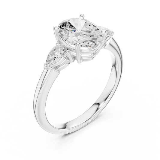 Front view of white gold oval three-stone ring with pear side stones and lab-grown diamond – Australia